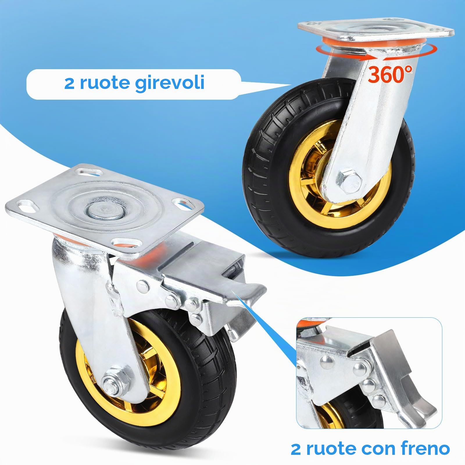 SWAWIS 4 Pezzi Ruote per Carichi Pesanti 150mm Ruote Rotazione 360° Pivontanti per Mobili con Freno fino a 240 kg per Ruota per Carichi Pesanti Spostamento e Trasporto Industrial