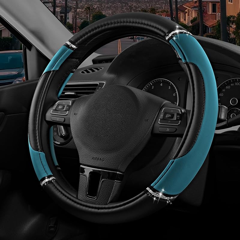 Capa para volante Road Comforts em couro de PVC com acabamento antiderrapante, para volantes de 36,8 a 38,1 cm, preto/turquesa