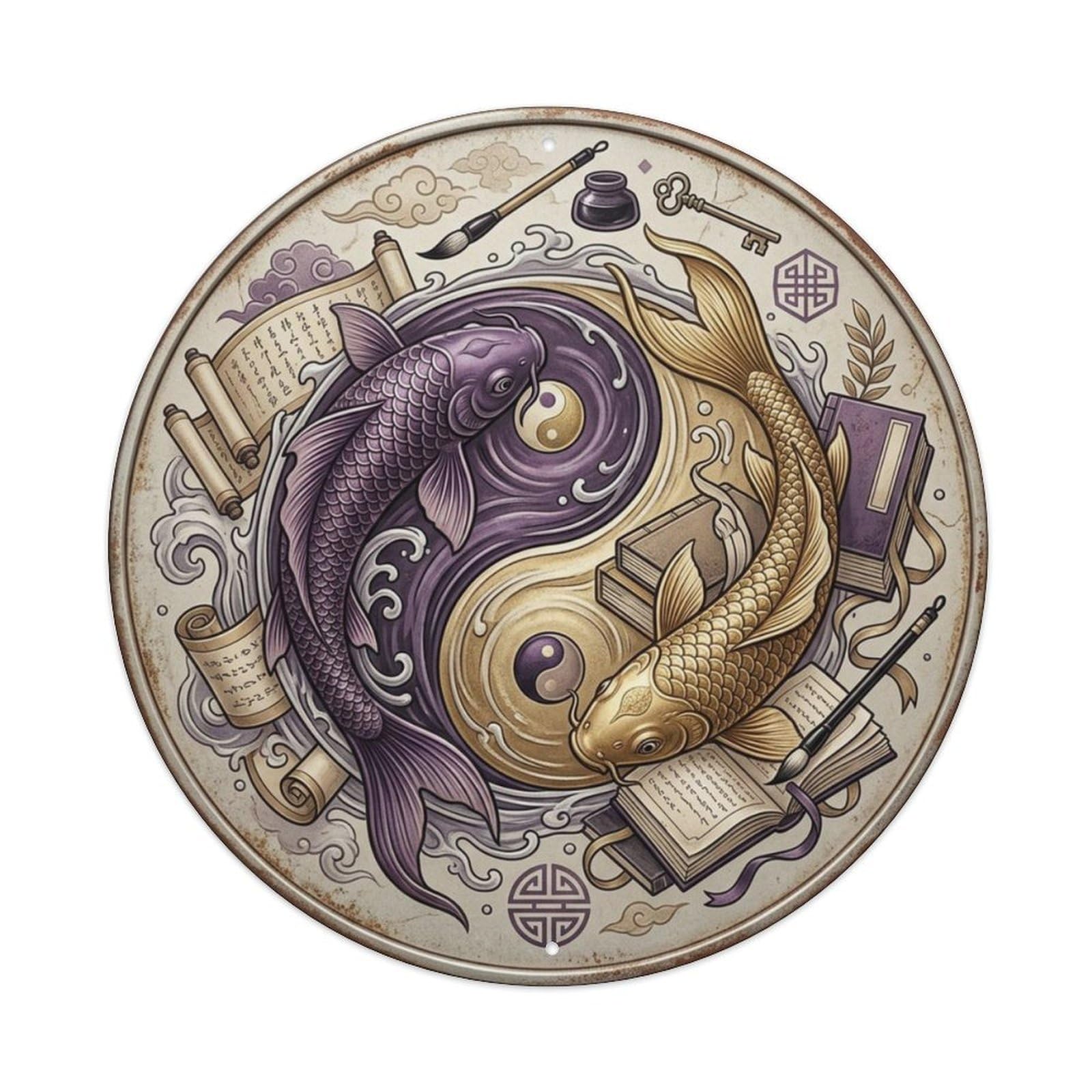Fqcyn Style Wisdom Knowledge Scholar Koi Yin Yang Metal Tin Sign Plaque Wall Decor For Cafe, Club Bar, Office, Home Garden Round Metal Poster 8X8inch