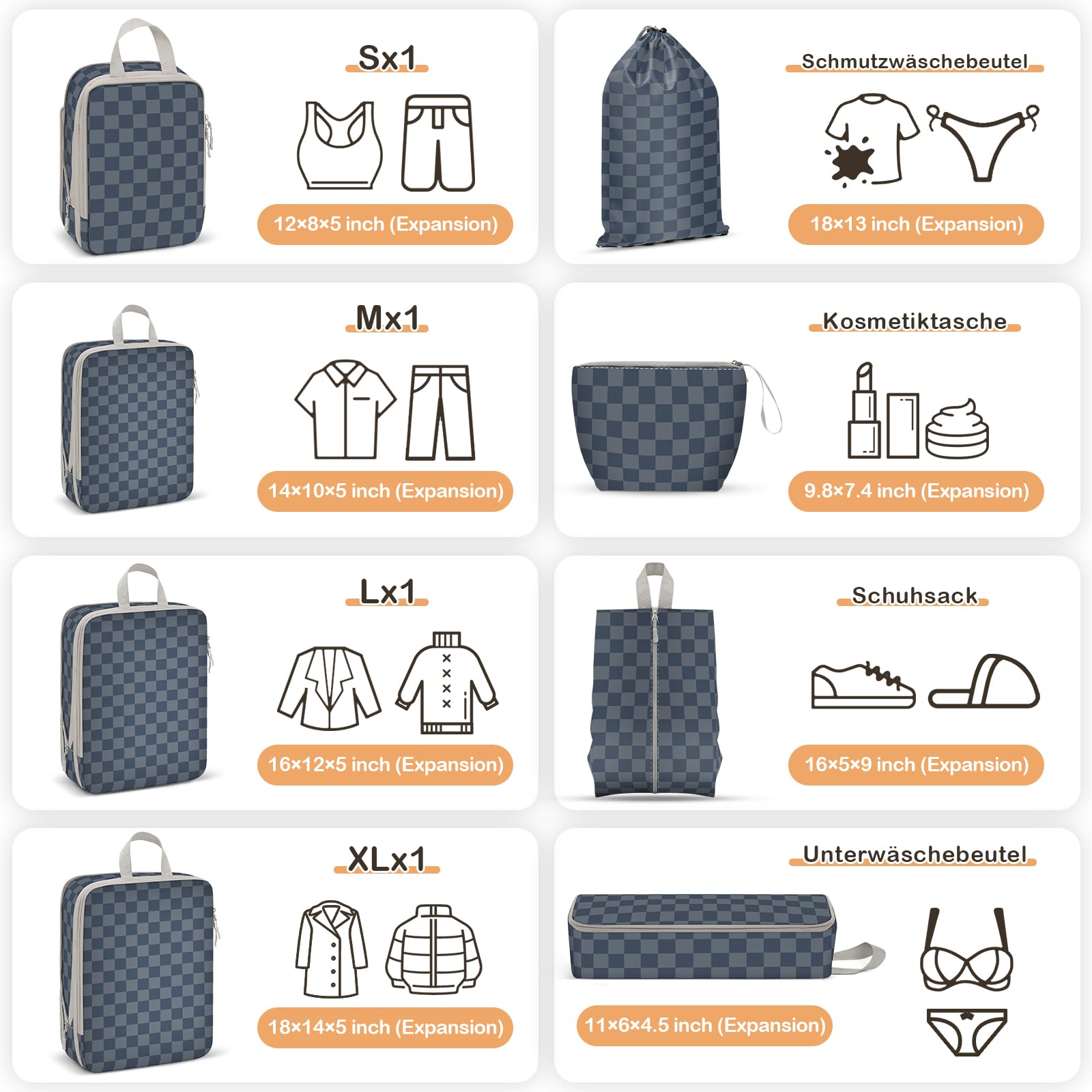 Compression Packing Cubes - Set di 8 cubetti di imballaggio, a compressione, impermeabile, per zaino e valigia, per borsa da trasporto, leggero, organizer da viaggio