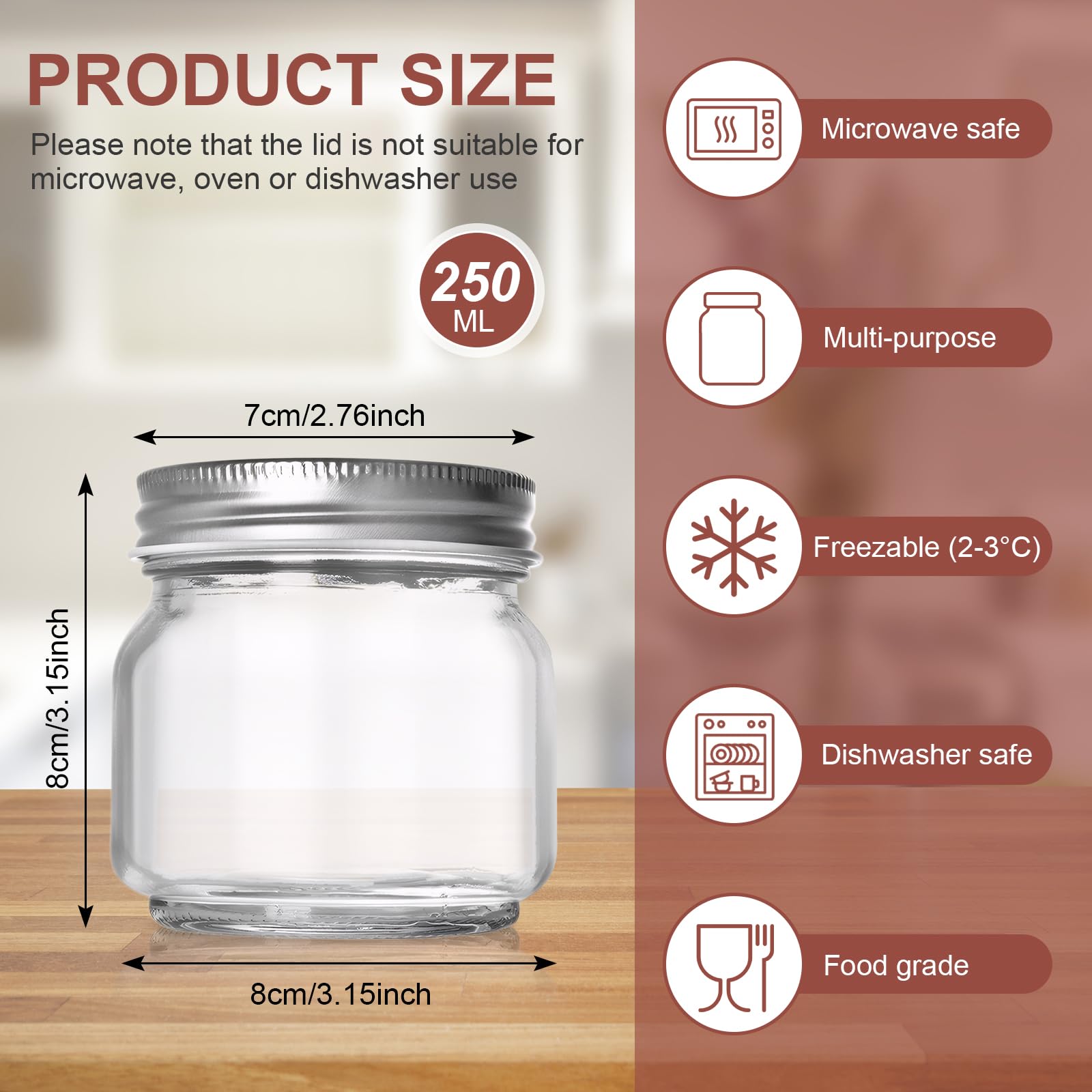 Zimoer Set di 6 Barattoli in Vetro con Coperchio 250ml – Contenitori Ermetici Trasparenti per Marmellata, Miele, Spezie, Yogurt, Dolci – Barattolini Multiuso per Cucina e Fai-da-Te