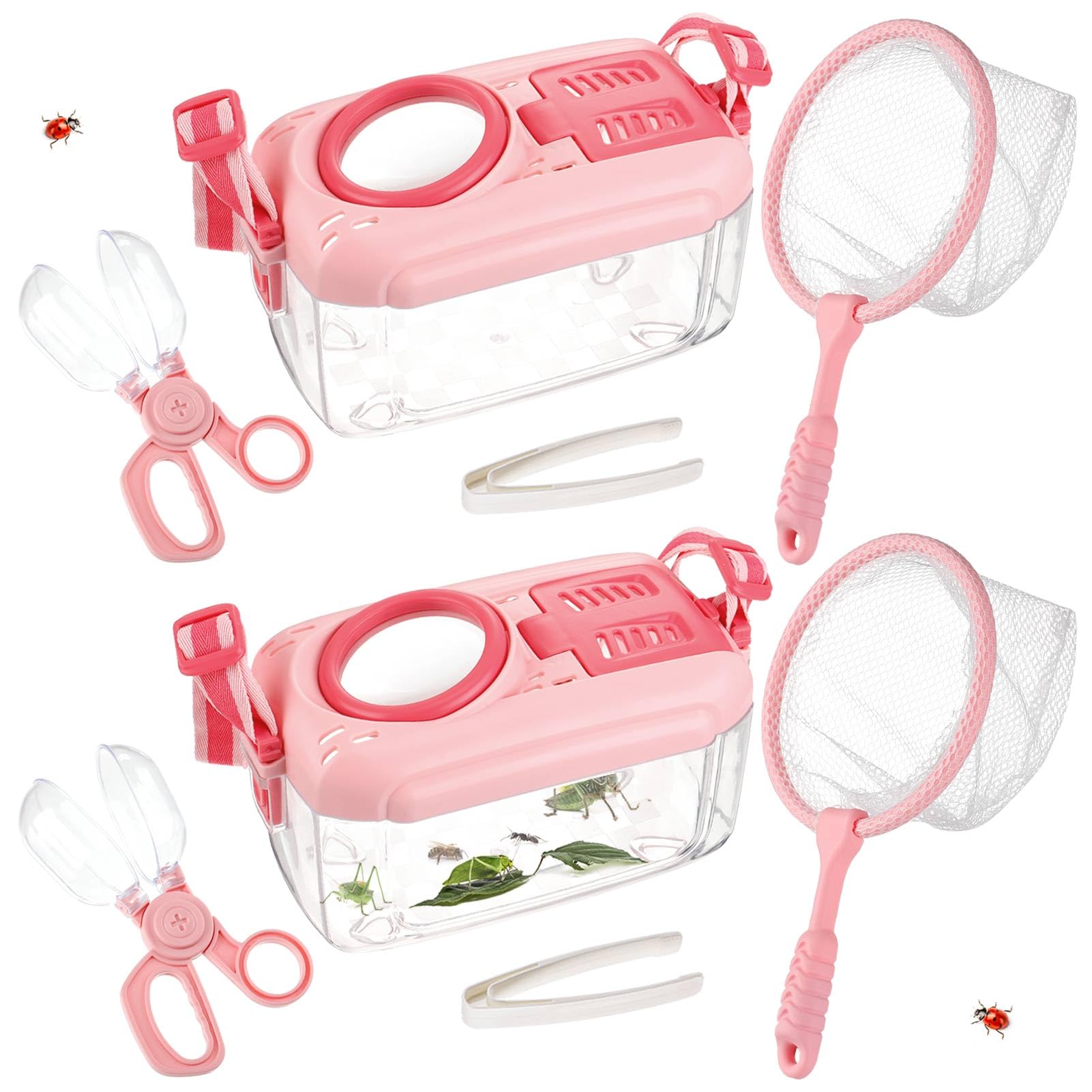 2 Set Bug Catcher for Kids- Educational Bug Catching Kit Including Butterfly Net, Insect Clip, Tweezer, Outdoor Toys for Kids Ages 3-10 (Pink)