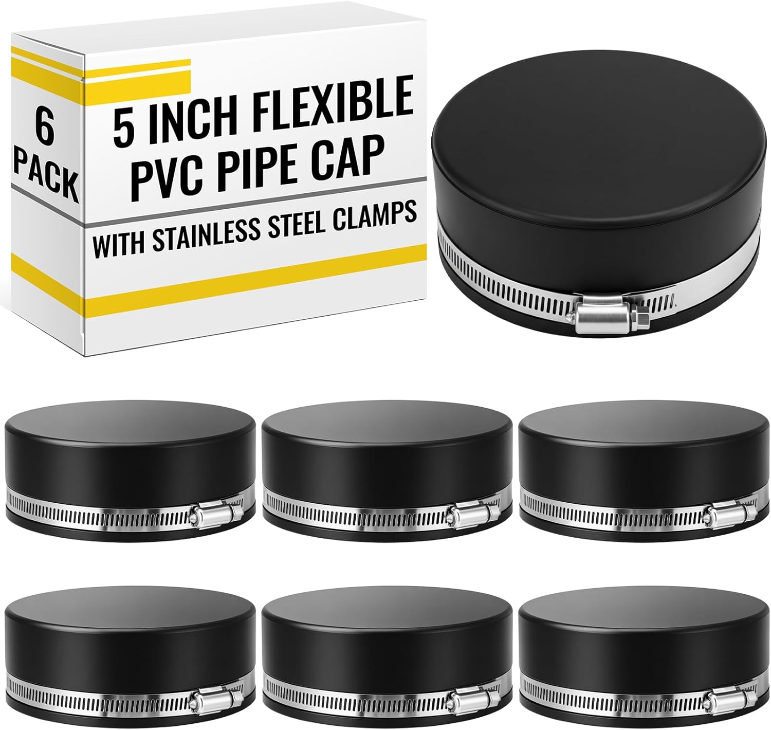 6 Pack 4 Inch Flexible PVC Pipe Cap with Stainless Steel Clamps - Black Durable End Caps for Drainage, Wastewater & Vent Pipes, Above/below Ground Use