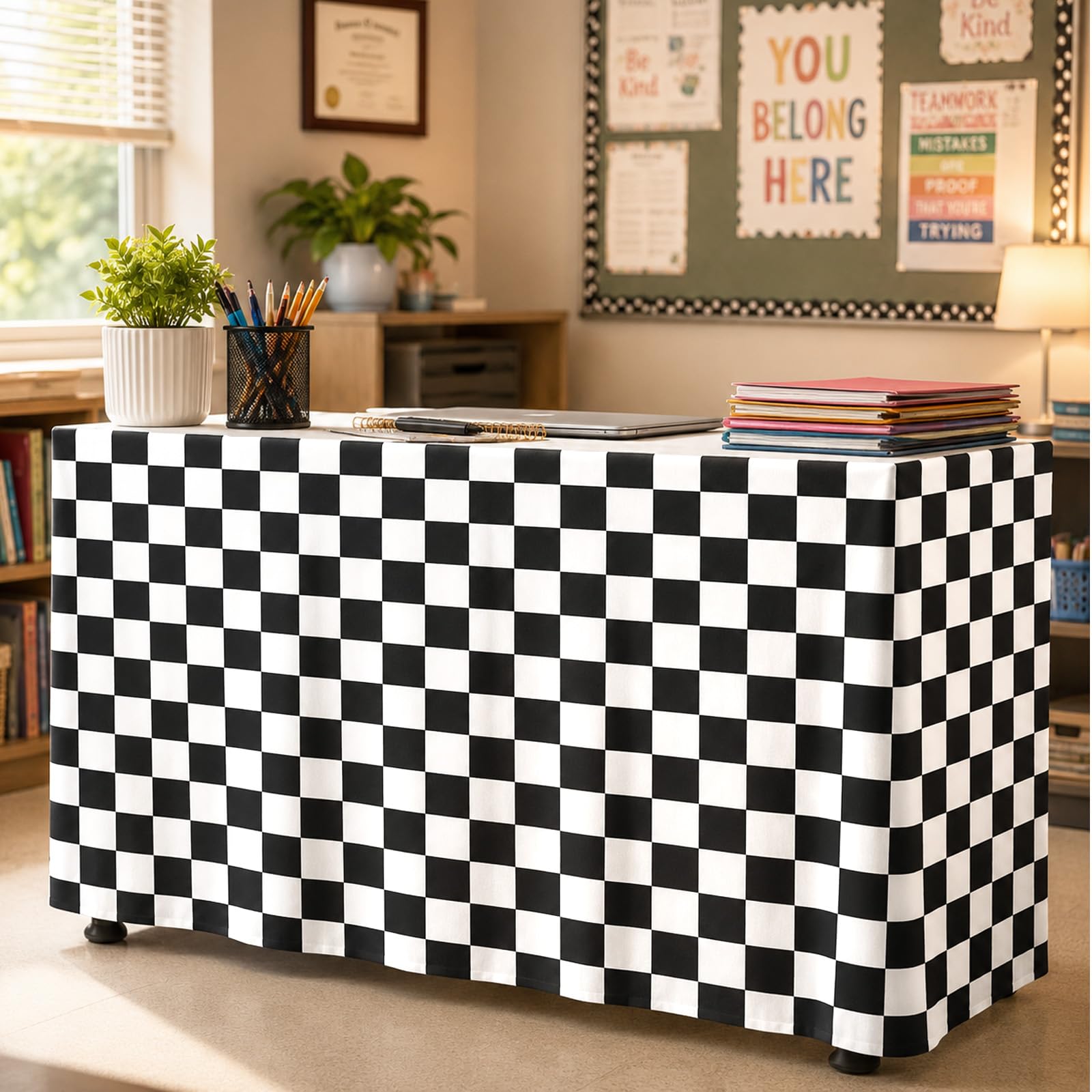 6FT Black and White Checkered Table Skirt Teacher Desk Skirt for Classroom Rectangle Back to School Tablecloth for Race Car Birthday Party Decorations Kindergarten Office Dorm Bookcase Cabinet
