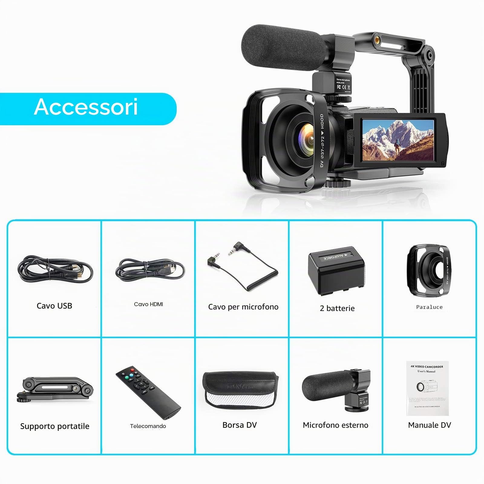 Videocamera 4K UHD 48MP 60FPS Wi-Fi IR Visione Notturna 16X Zoom Digitale Registratore 3.0 "IPS Touch Screen Videocamera Vlog per YouTube con Microfono,Stabilizzatore,Paraluce,Telecomando, 2 Batterie