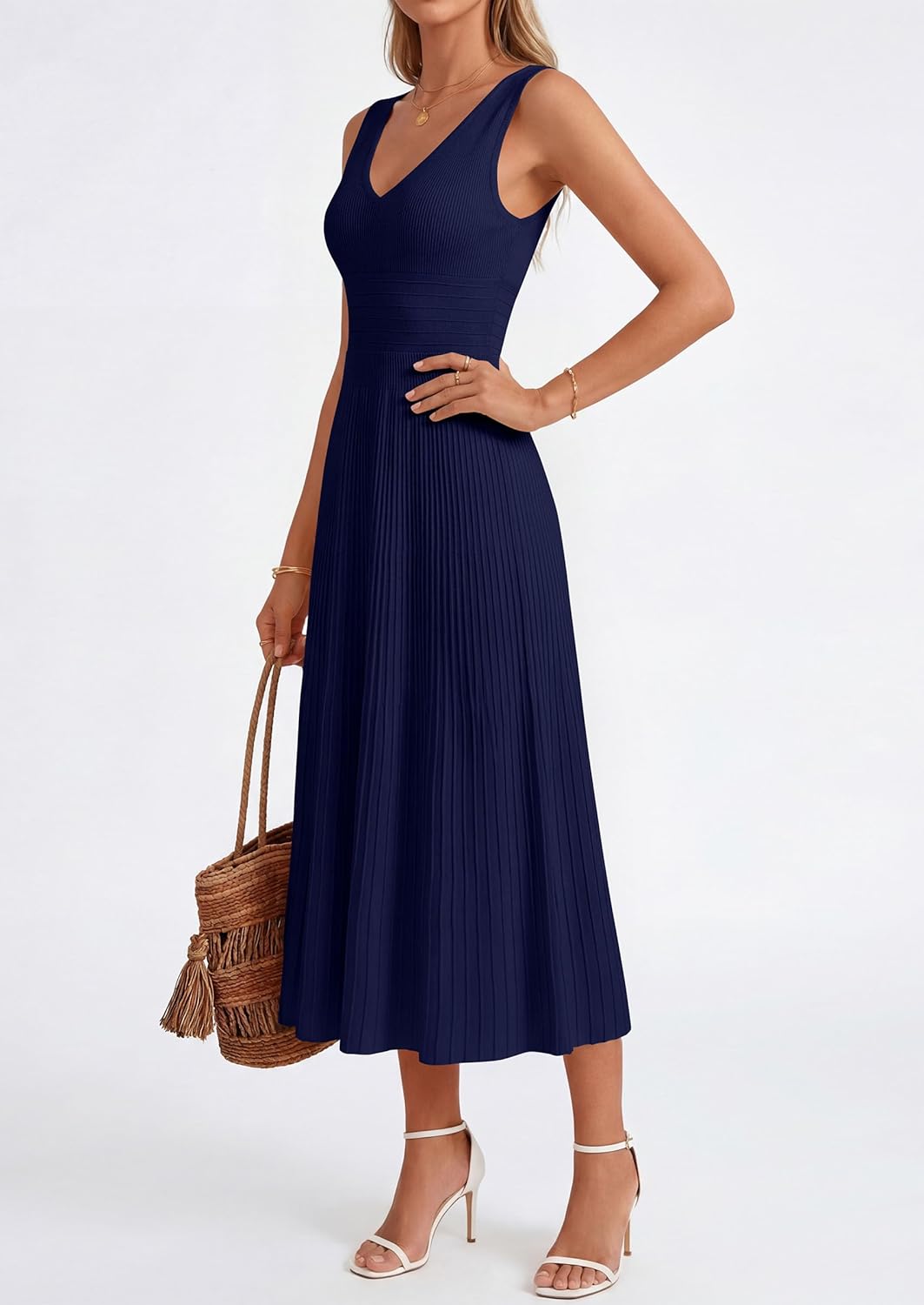 PRETTYGARDEN Summer Dresses for Women 2026 Spring Sleeveless V Neck Knit A Line Casual Midi Cocktail Wedding Guest Dress - Image 3