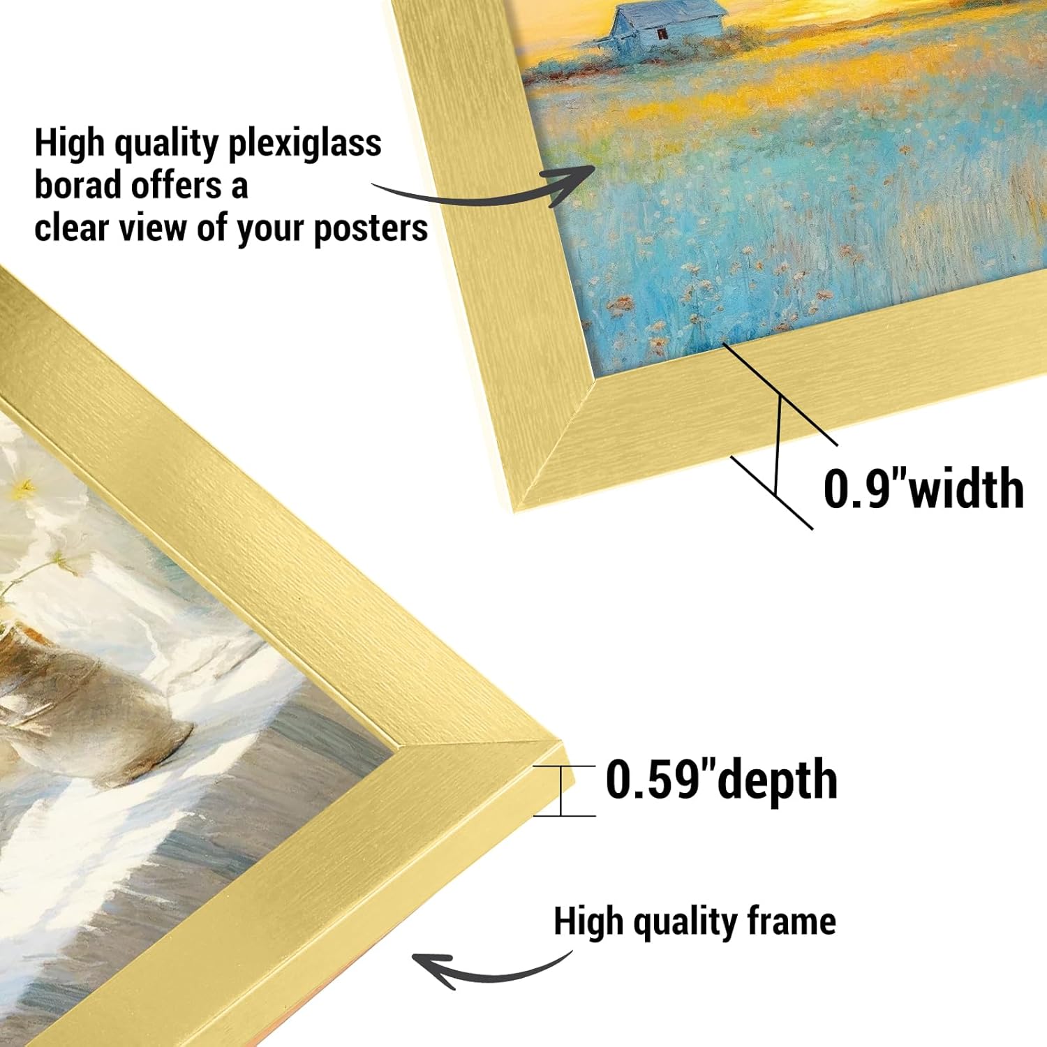 QDSSDECO 24x36 Poster Frame Gold Wood Frame with Plexiglass Horizontal and Vertical Formats Hanging on the Wall Display Picture, Set of 2