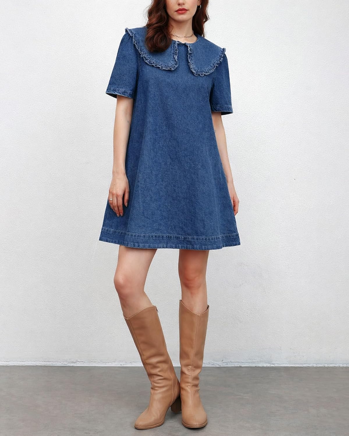 Kedera Womens Denim Mini Dress 2025 Peter Pan Collar Short Sleeve Casual Summer Babydoll Jean Dress with Pockets - Image 6