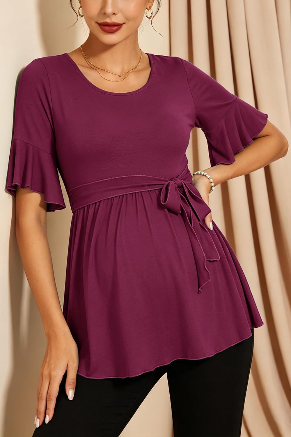 Women's Ruffle Maternity Tops Short Sleeve Wrap Tie Front Shirts Pregnancy Clothes