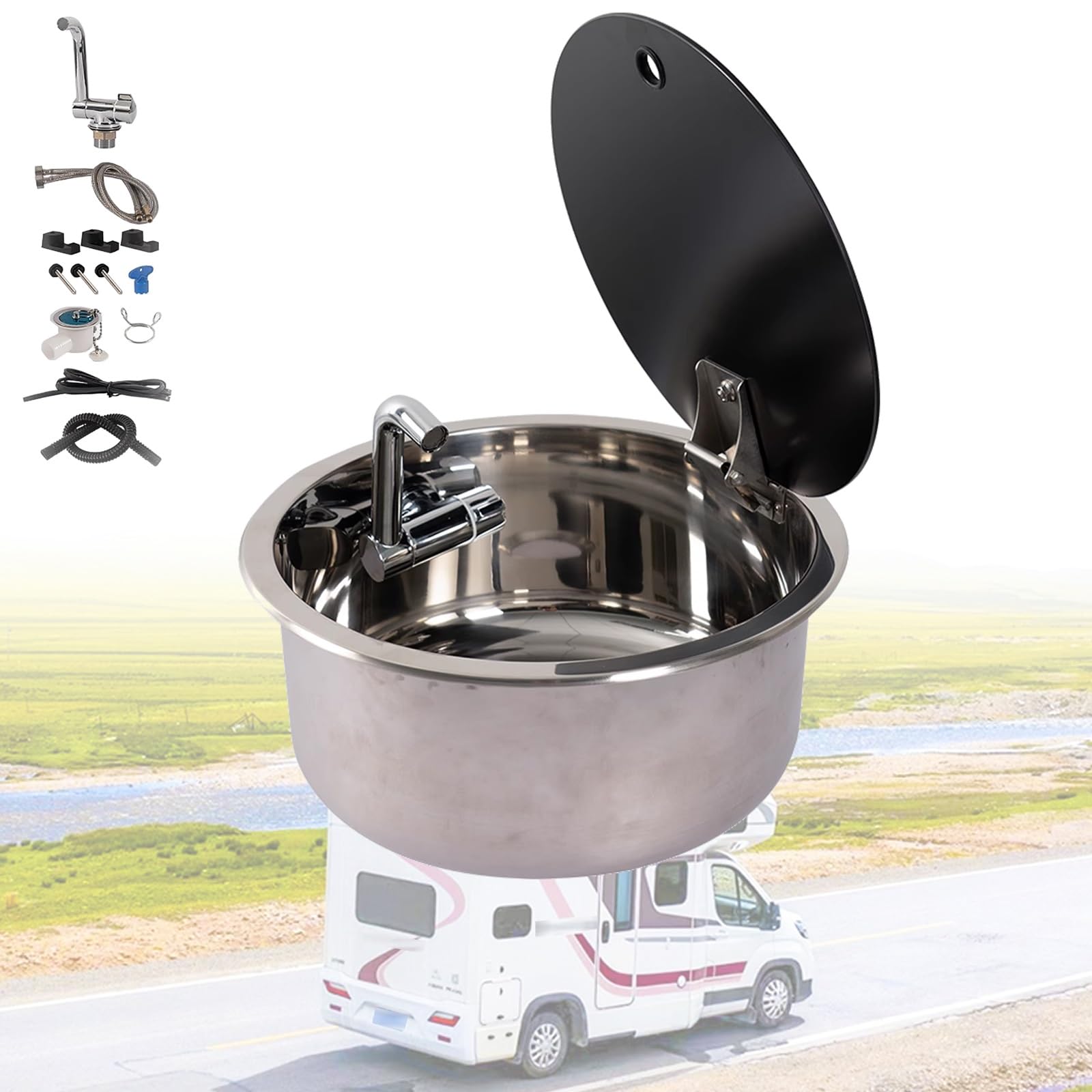 Lavello In Acciaio Inox Per Camper E Barche - Compatto, Con Rubinetto Pieghevole E Coperchio In Vetro