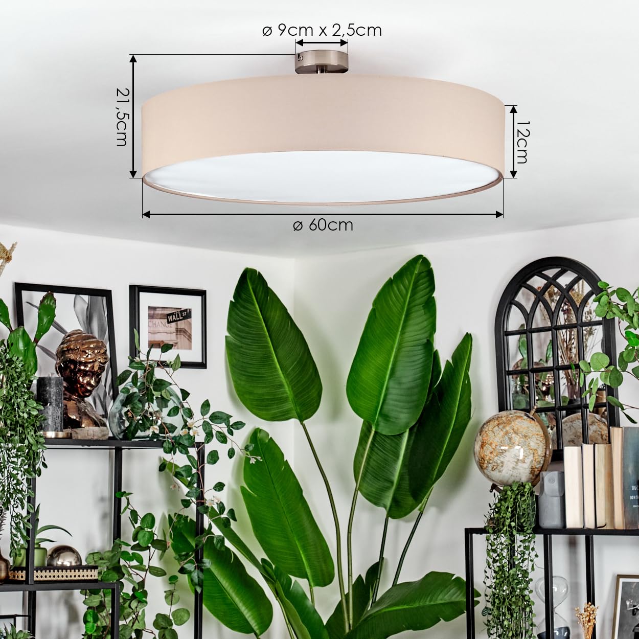 Lampada da soffitto HOFSTEIN Foggia, lampada in metallo/tessuto/plastica nichel opaco/beige/bianco, rotonda stile boho (Ø 60 cm), E27, sala pranzo, soggiorno, camera letto, cucina, corridoio