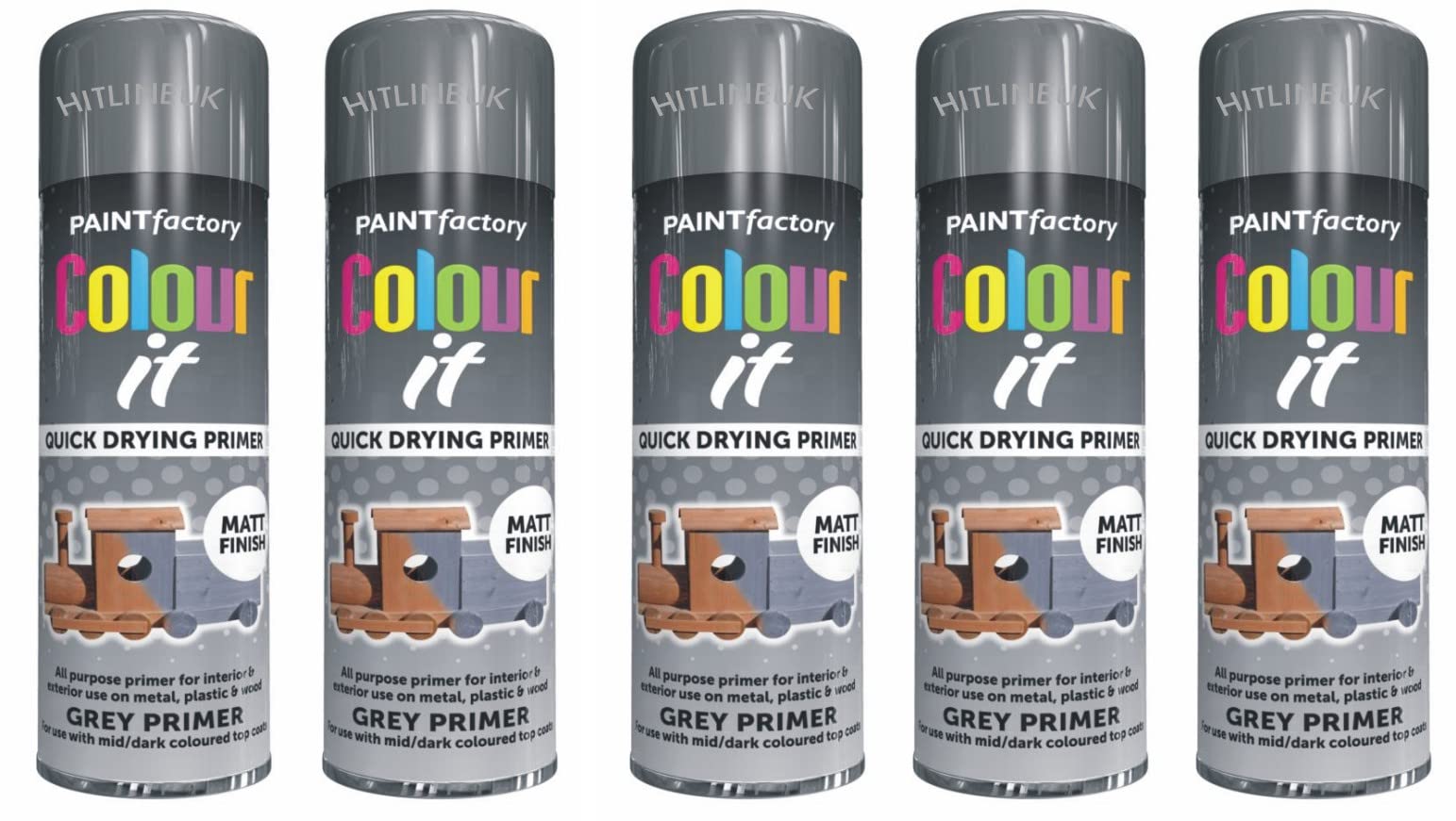 Hitlineuk Grey 5 X Colour-It Primer Matt Spray Paint Plastic Metal Wood 250Ml