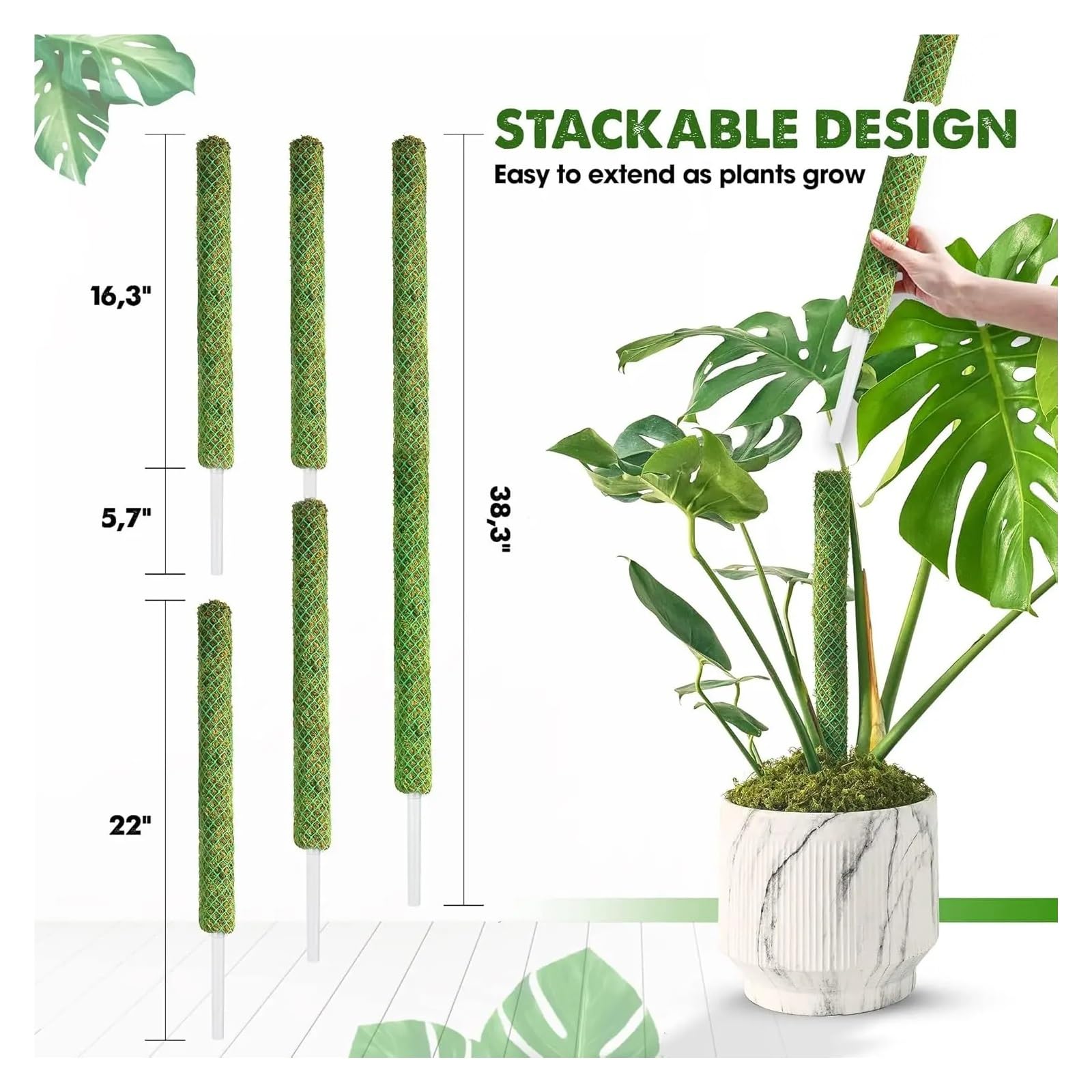 Tuteur Plante Poteau de Mousse empilable Vert 10 pièces for Plantes grimpantes, piquets de Support Extensibles for Plantes d'intérieur
