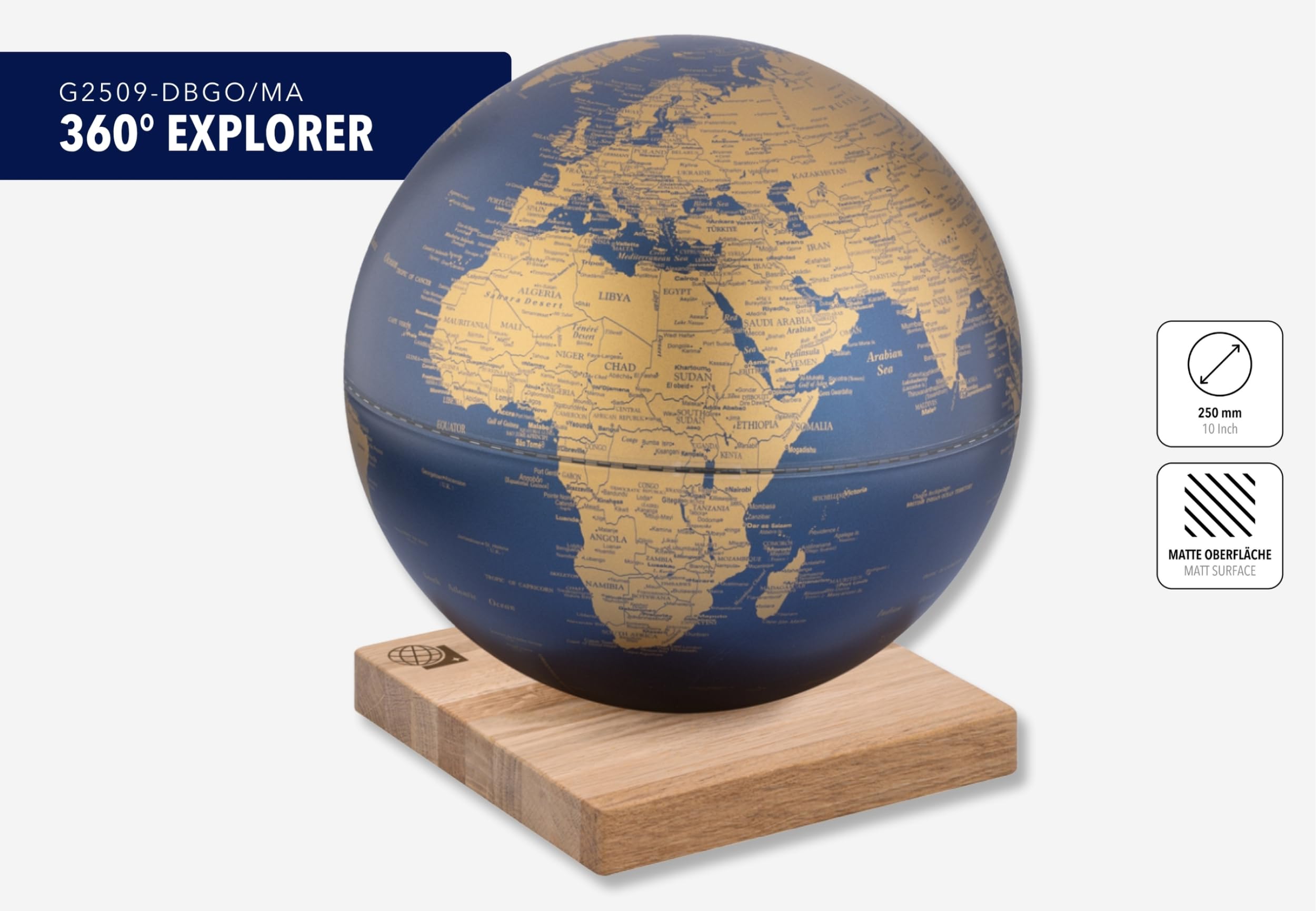 TROIKA Globus blau gold mit 25 cm Durchmesser EXPLORER 360° auf magnetischem Sockel aus FSC-zertifiziertem Eichenholz Material aus Eichenholz und Kunststoff dunkelblau und goldfarben