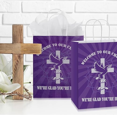 Miniatura 4 de Geyee 24 bolsas grandes de regalo de bienvenida a la iglesia, a granel, 10.7 x 4.3 x 8.7 pulgadas, papel cristiano religioso morado con asas para