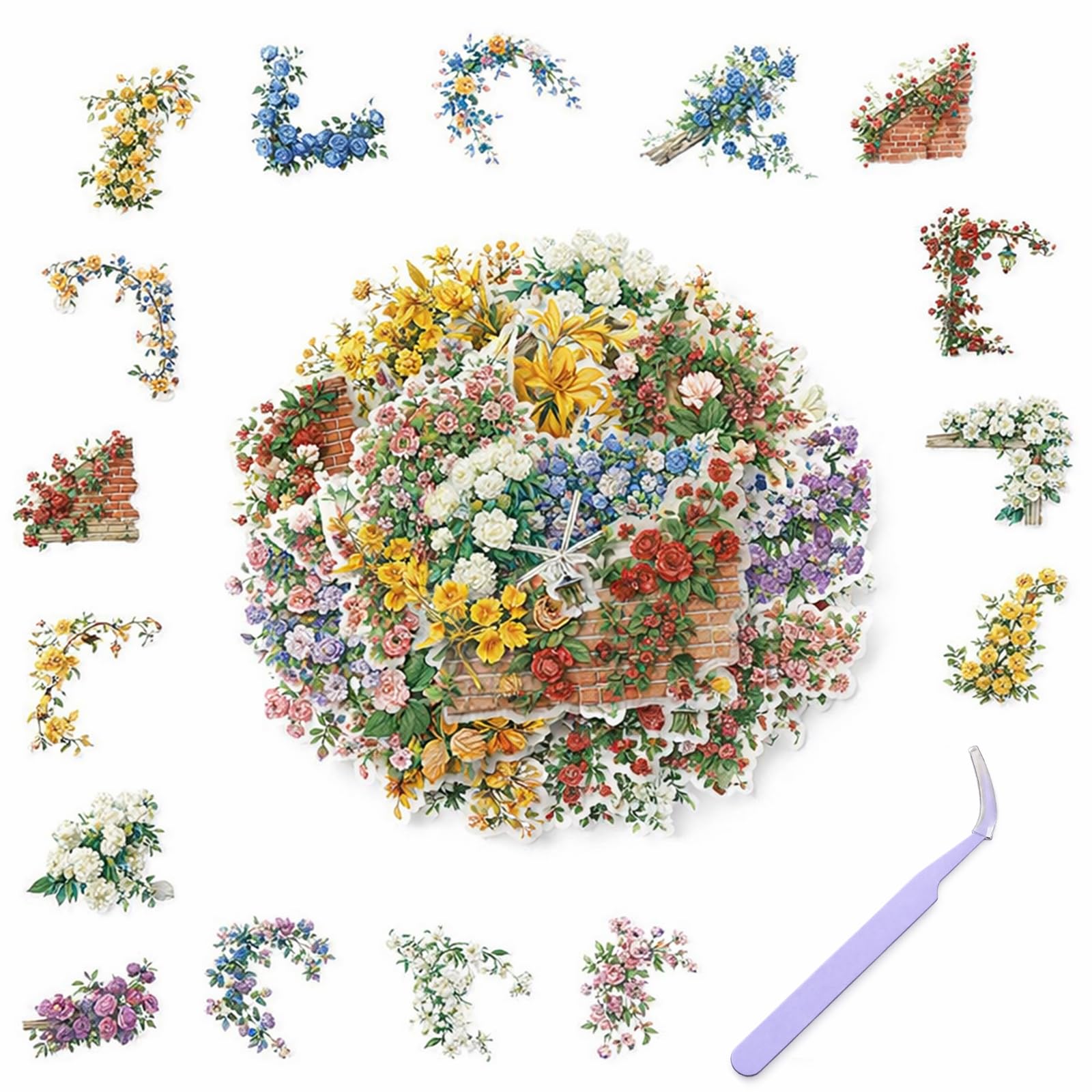 Floral Scrap Book Stickers for Adults, 100 Waterproof PET Designs, Tweezer โ image 1