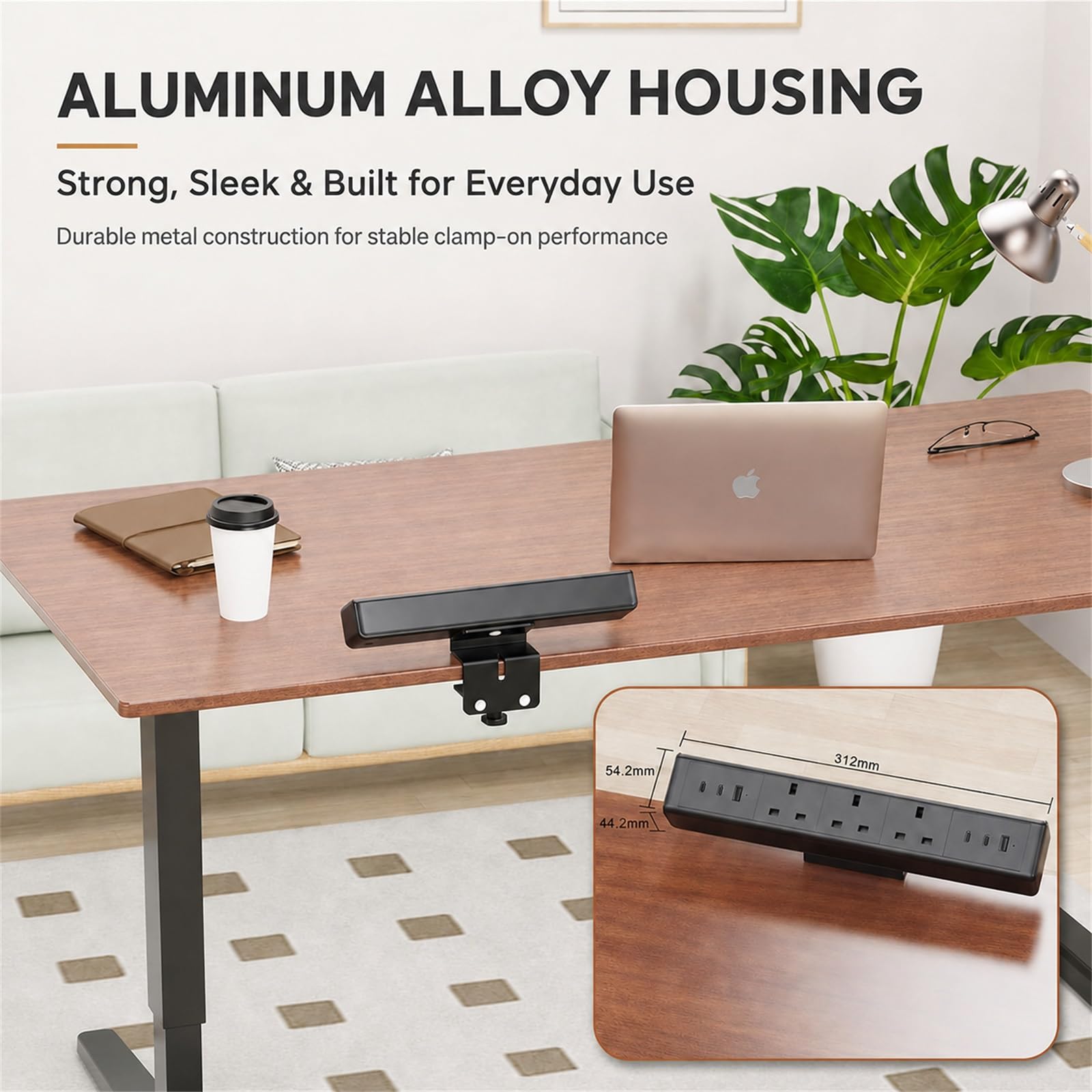Presa di alimentazione con morsetto da scrivania, 3 prese UK con 4 porte USB-C e 2 porte USB-A, prolunga regolabile con morsetto, striscia di alimentazione da tavolo in alluminio, cavo da 2 m per