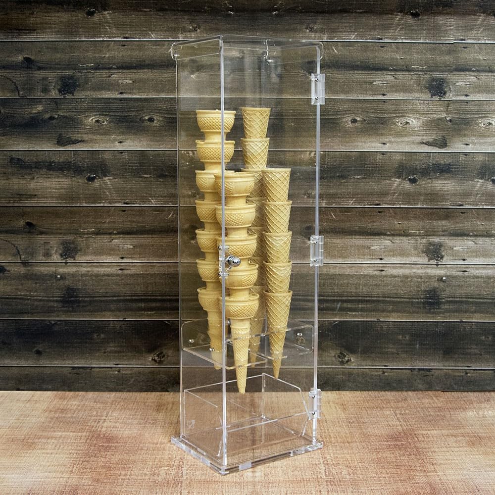 Porta coni gelato in plexiglass trasparente con vaschetta porta cucchiaini e con sportello - Misure: 16 x 13 x H61 cm