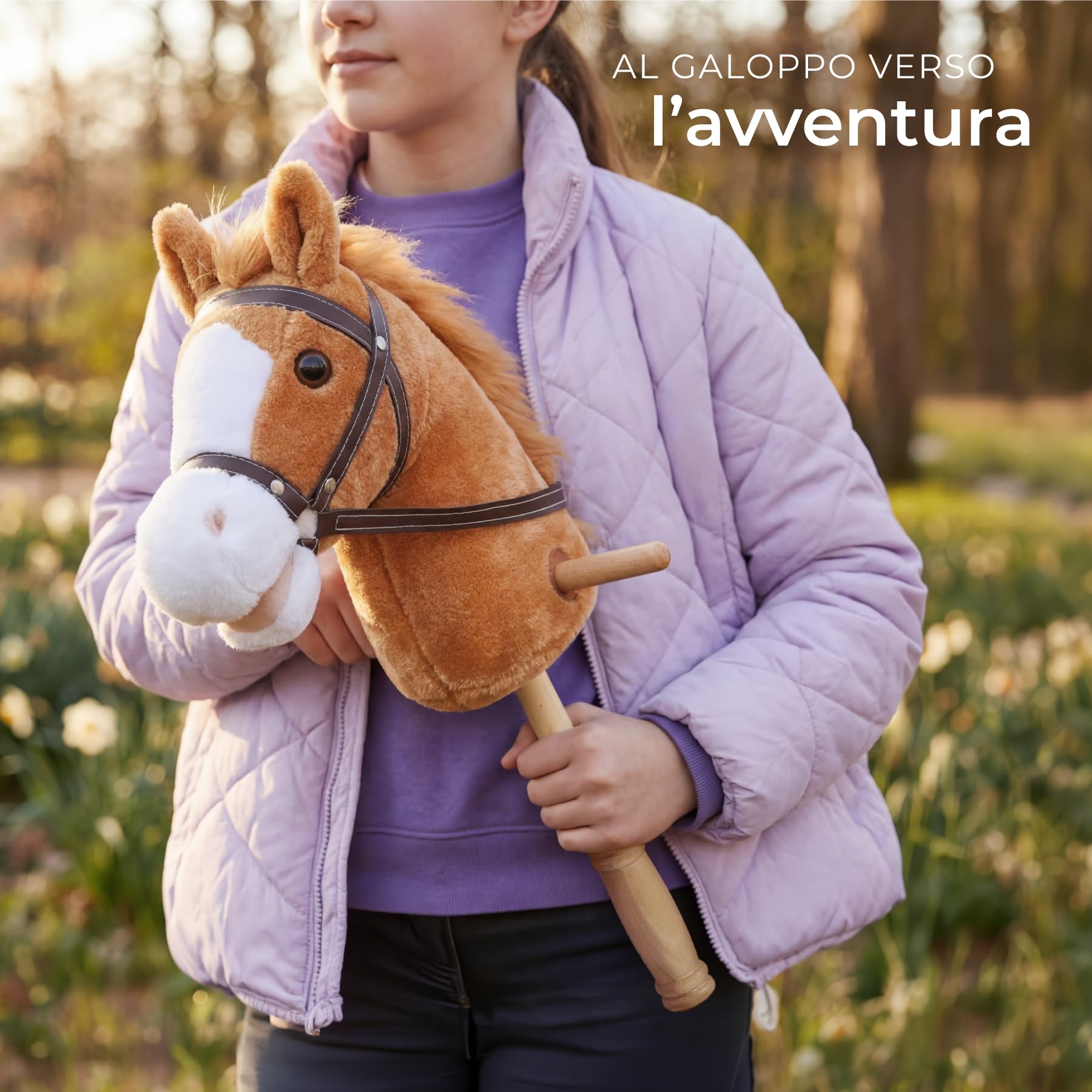 tectake® Cavallo Giocattolo con Bastone per Bimbi, Peluche Cavallo, Cavalli Giocattolo con Bastone in Legno, Doppie Rotelle, Hobby Horse, Idee Regalo Equilibrio per Bambini dai 24 mesi - Marrone