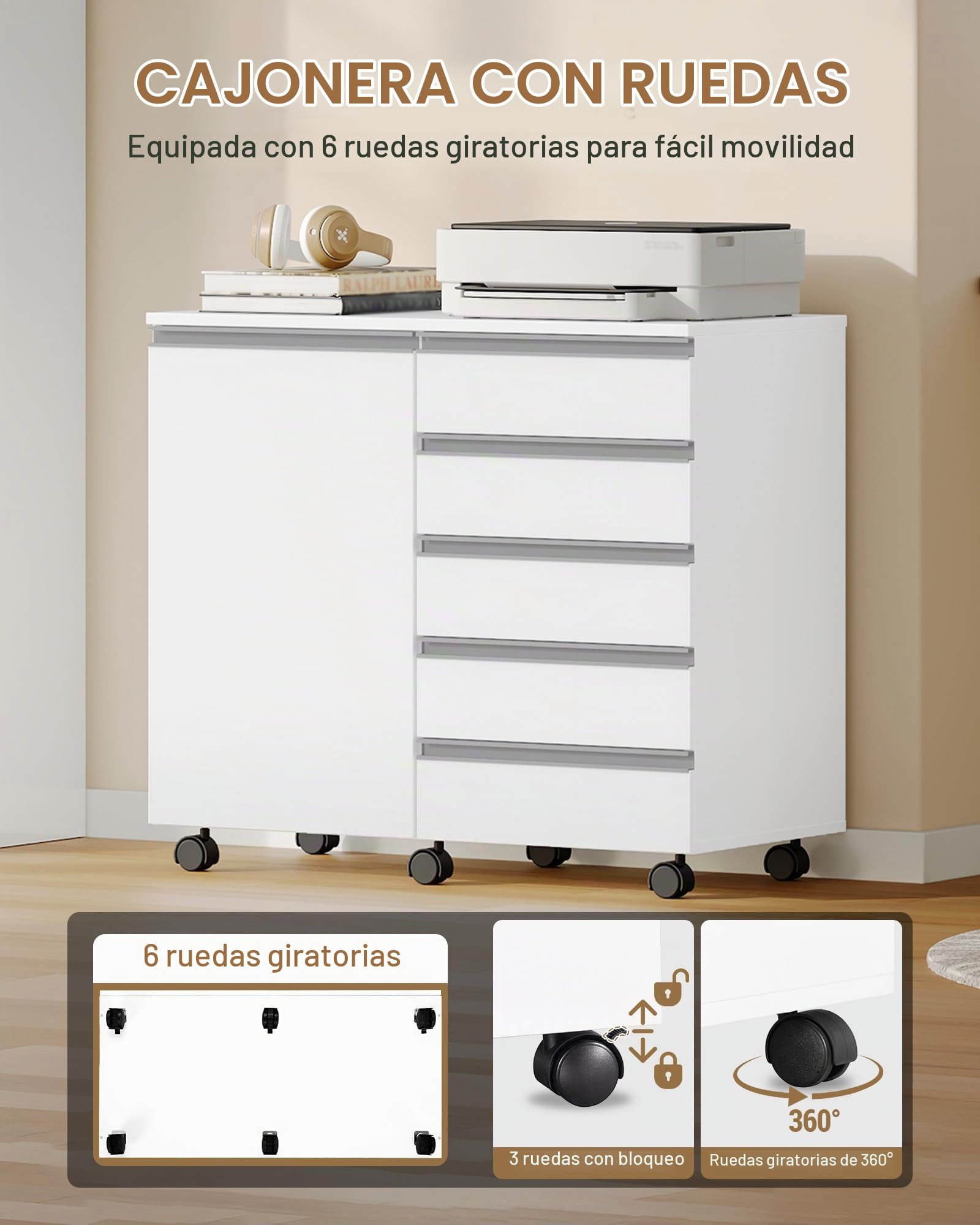 Hzuaneri Cajonera Escritorio con 5 cajones y Puerta de Armario, archivador móvil con Ruedas, Espacio de Almacenamiento para Oficina y Home Office, 40 x 80 x 70 cm, Blanco FC52503X