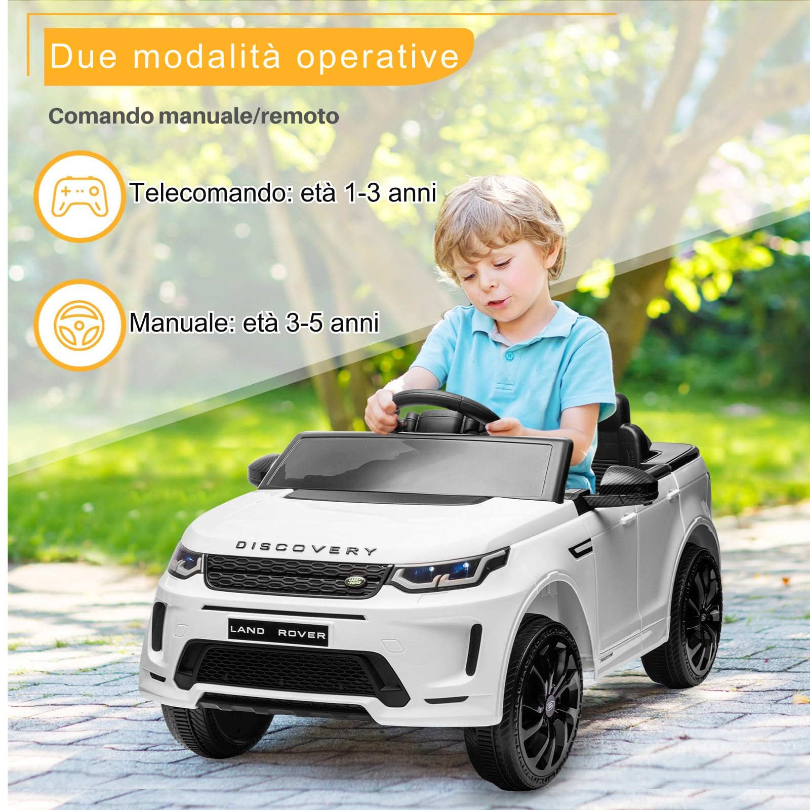 LALAHO Mcchina Elettrica Per Bambini LAND ROVER Discovery Sport 12V con Doppi Motori, 3-5km/h Auto Elettrica per Bambini 3-5 Anni, Sospensioni, MP3, Telecomando (Bianco)