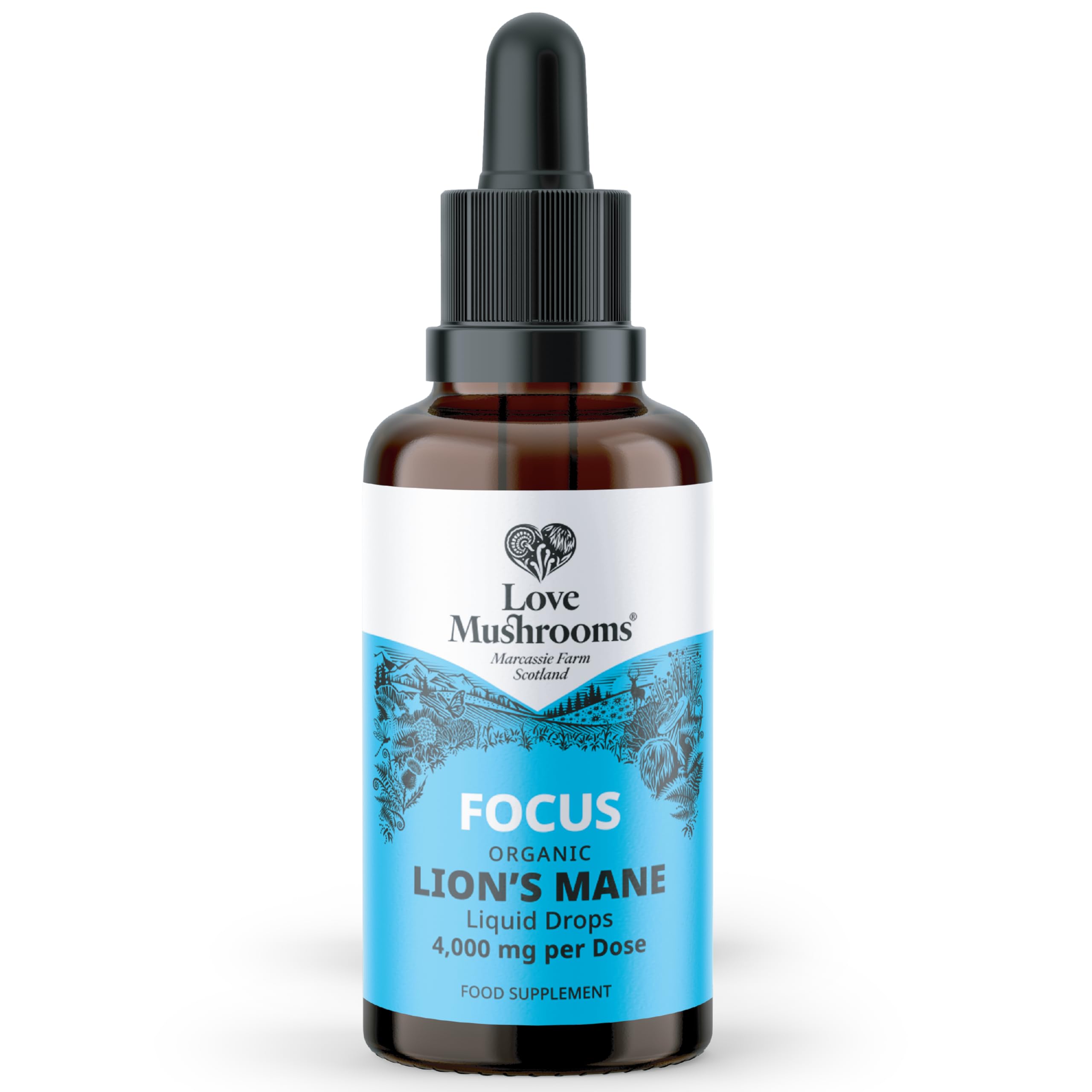 Love Mushrooms - Organic Lions Mane Supplement - 4000mg per 1 ml - Liquid Drops for Focus and Memory Support - Vegan and Made in The UK - Mushroom Drops with Sweet Taste - 50 ml