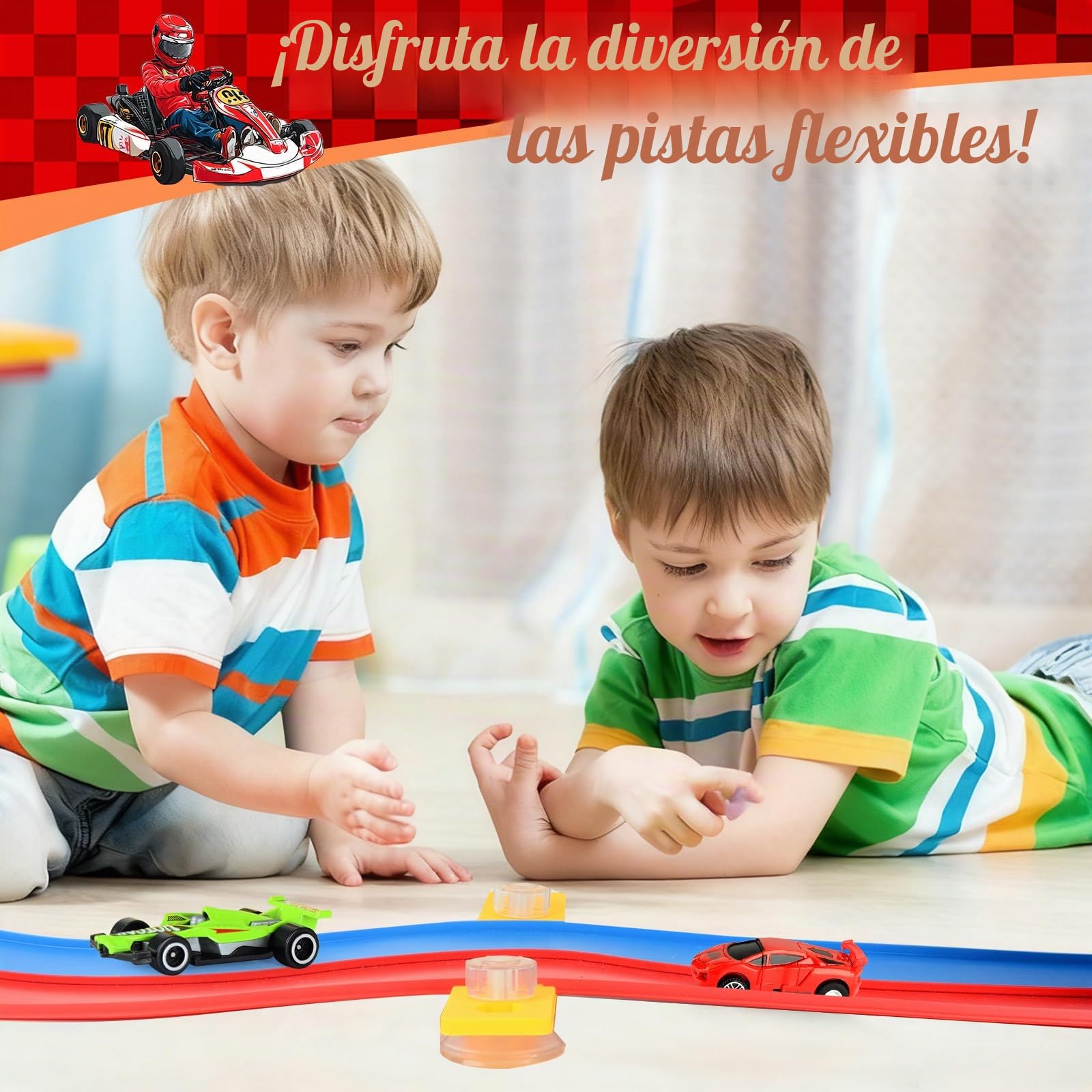 Pista Coches Flexible 5M, Pista de Coches para Niños, Rampas para Coches Incluye 6 Coches, Juguete Regalo para Niño Niñas, Rojo Azul