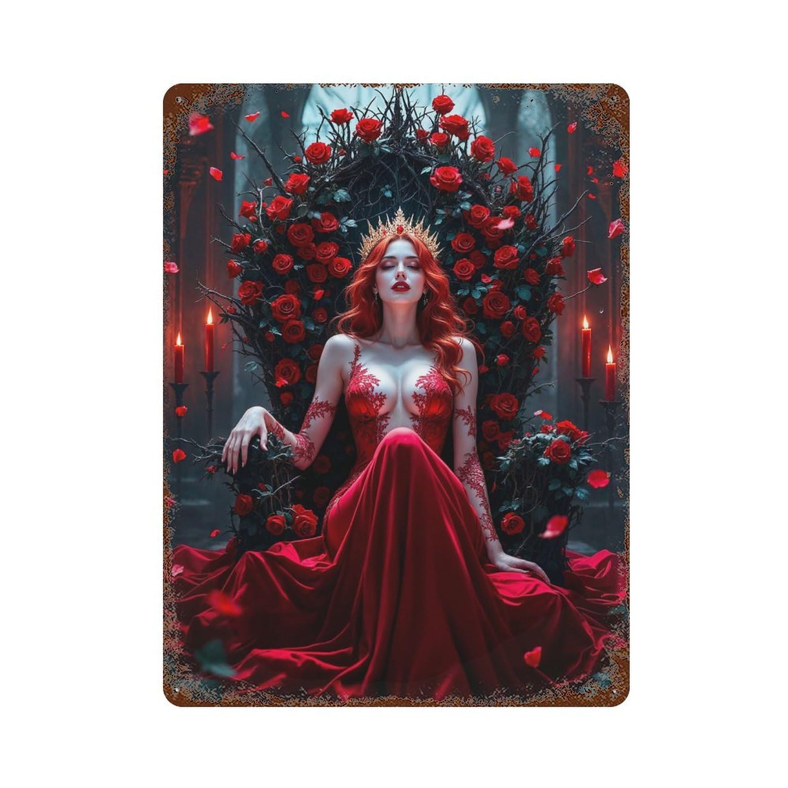 Aged Metal Wall Plaque with Red Queen on Throne Design 15.7"x11.8", for Basement, Hobby Room And Garage Decor, Farmhouse Wall Decor