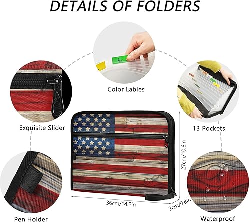 Miniatura 3 de Organizador de archivos de acordeón de madera oscura con bandera estadounidense pintada antigua, organizador de documentos portátil, carpetas de