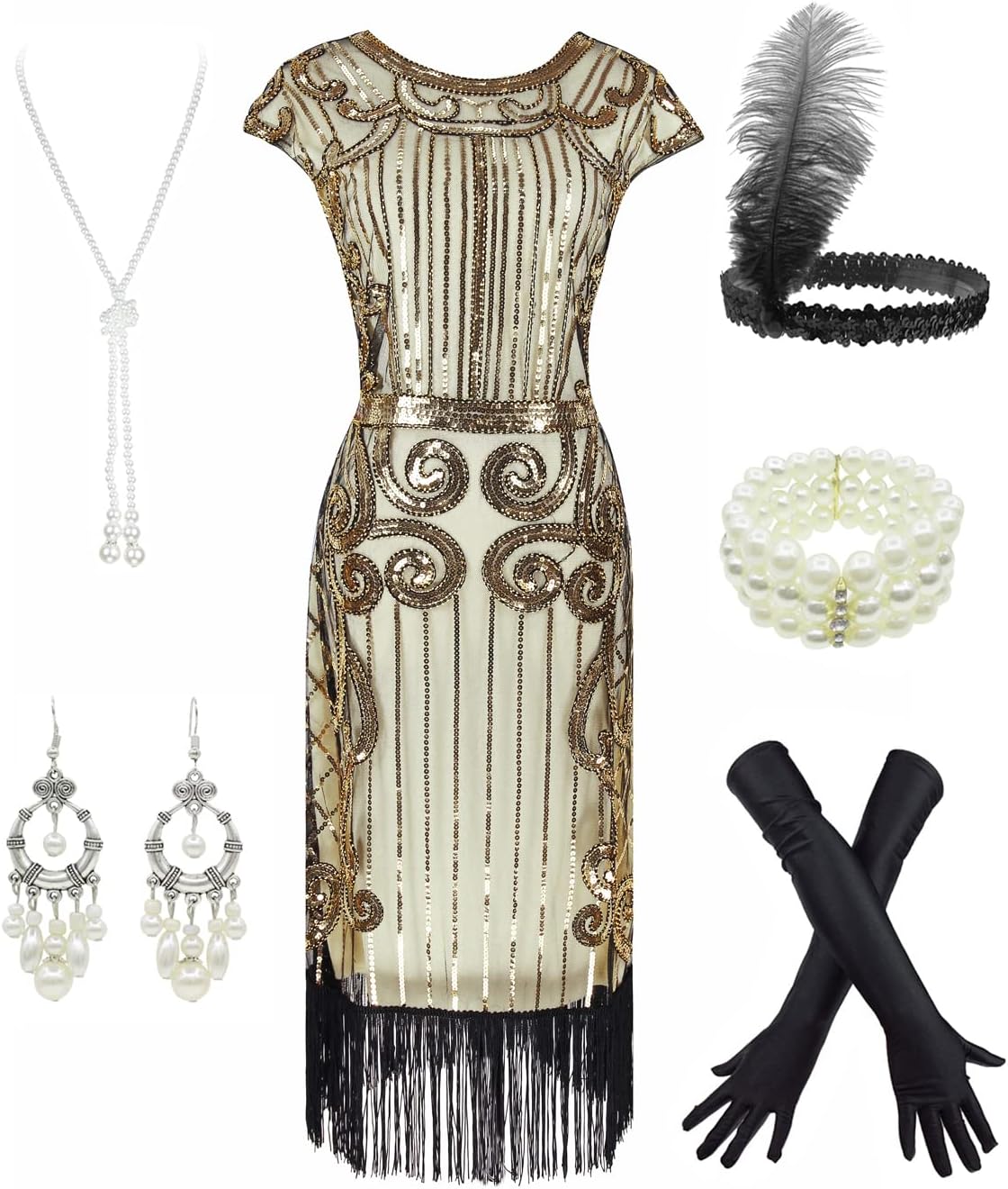 Women's 1920s Sequins Flapper Gatsby Cocktail Dress with 20s Headband Accessories Set