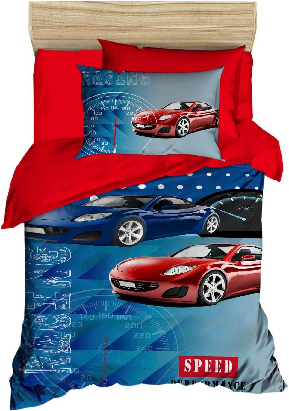 3D Printed 100% Cotton Cars Bedding Set, Blue Red Cars Themed Twin Size Quilt/Duvet Cover Set, Boys Bed Set, No Flat or Fitted Sheet (3 Pieces)