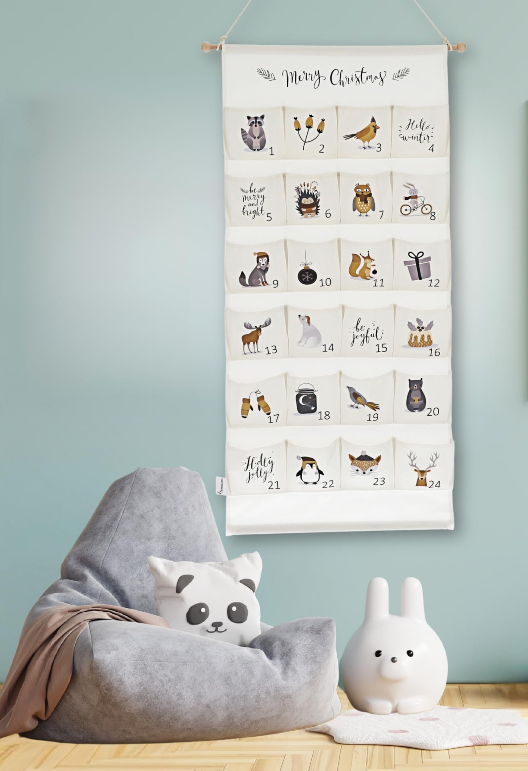 Adventskalender zum Befüllen, Kinder, Stoff, Alternative zu Tüten, groß xxl, Holz, Idee für Weihnachten 2025, hängend, Wandkalender, Wandteppich, wiederverwendbar, für Mädchen Jungs [Weiß]