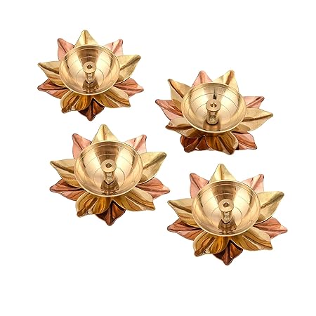 Collectible India Brass Lotus Shape Diya Lamp for Pooja (Gold, 3 X 3 X 1.5 Inch) -Set of 8
