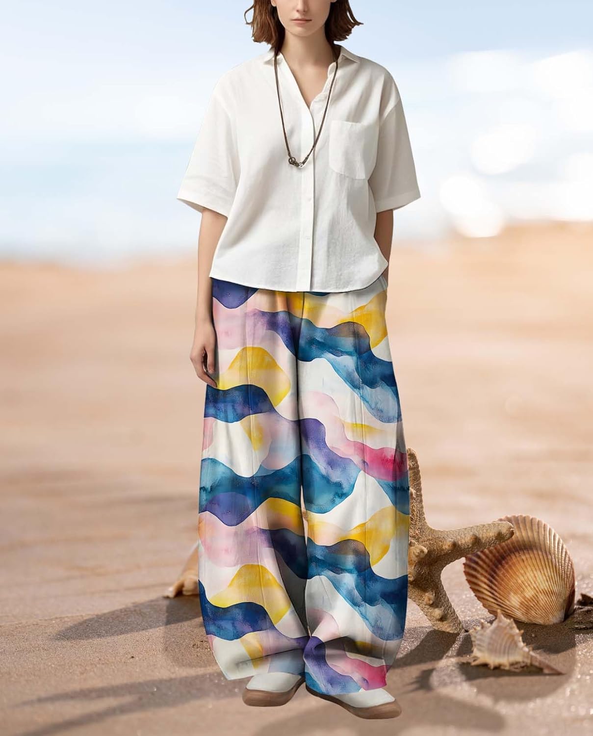 Womens Boho Floral Printed Pants Elastic Waist Wide Leg Casual Trousers Loose Fit Pant with Pockets for 2025 Summer - Image 5