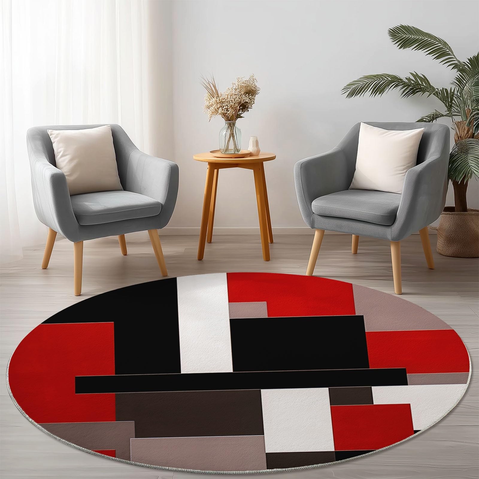Tapis Rond Motif géométrique Minimaliste Rouge et Noir Tapis de Chambre 120 cm (Round) Adulte Doux Machine pour Salon Antidérapant Imprimé pour Salle à Manger, Chambre d’Enfant Nurserie Rouge Noir