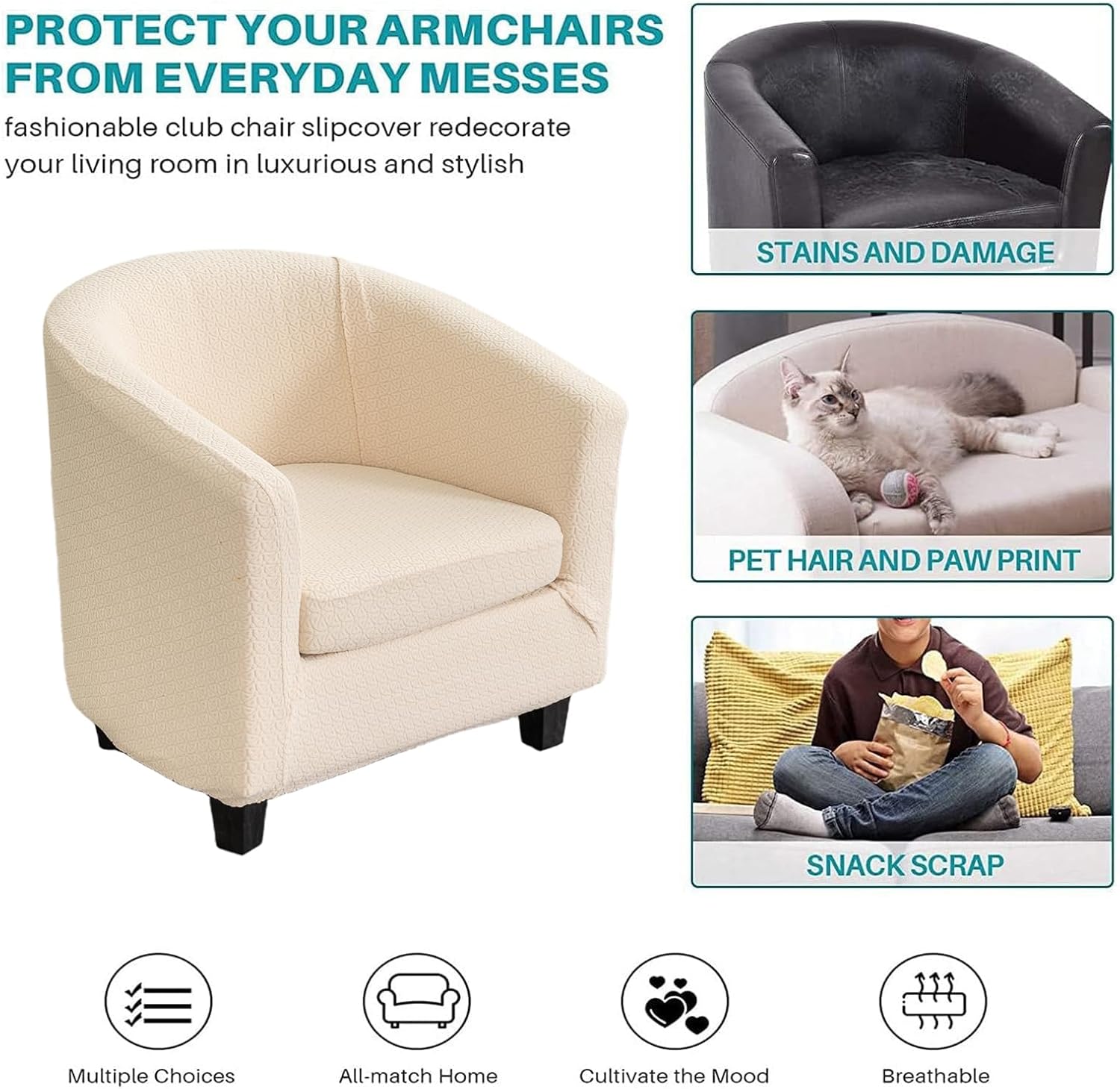 NILUOH Stretch Club Chair Slipcover 2-Piece Set for Barrel & Tub Chairs, Soft Armchair Cover - Removable Washable Furniture Protector, Living Room Armchair Cover,Off-White