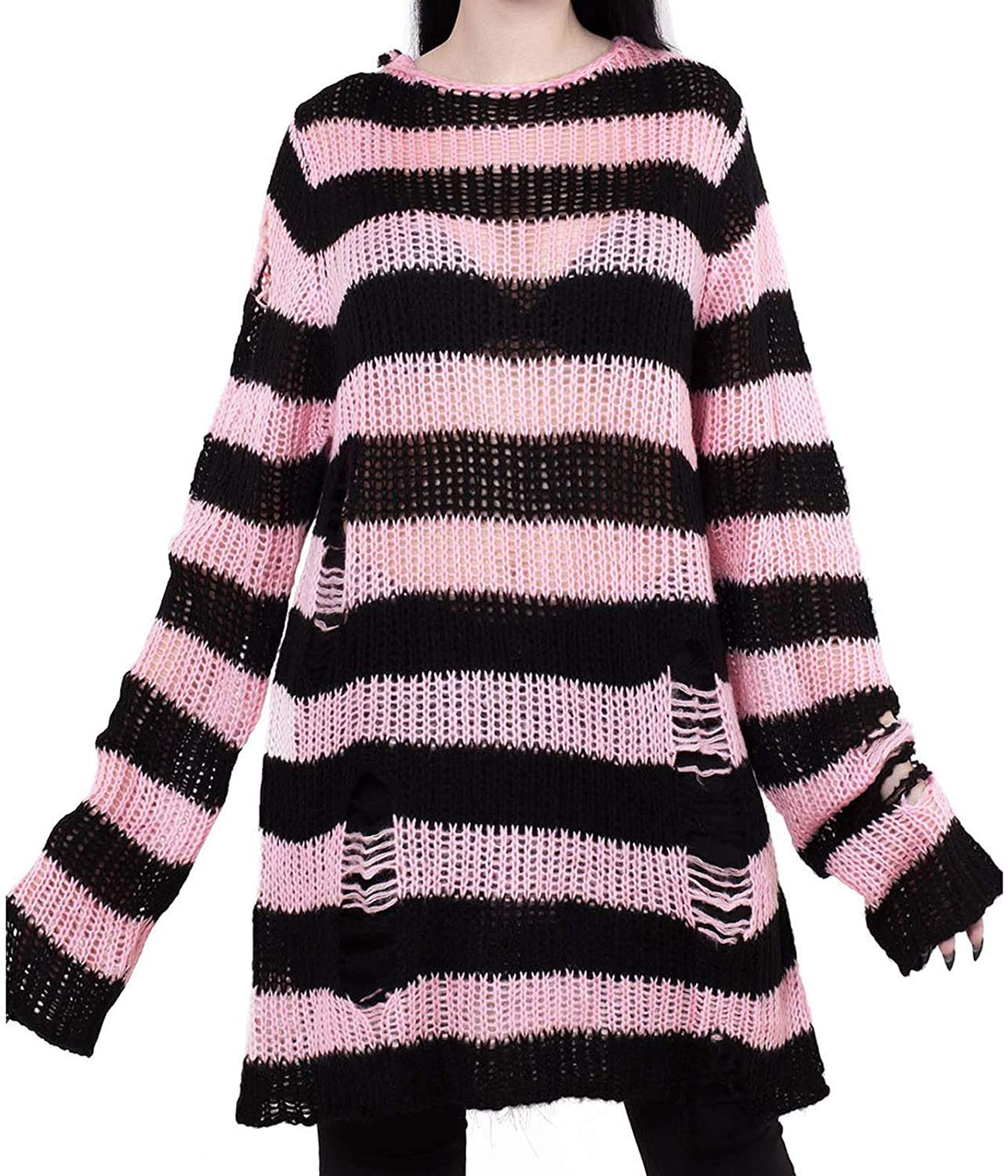 Womens See Through Hole Ripped Striped Long Knit Pullover Dress Sweaters Shirt