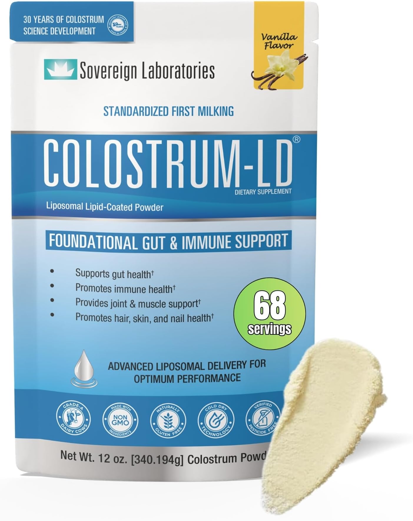 Liposomal Delivery - Colostrum Powder - Gluten-Free, Lactose-Reduced - 68 Servings - Sovereign Laboratories - 12oz Vanilla