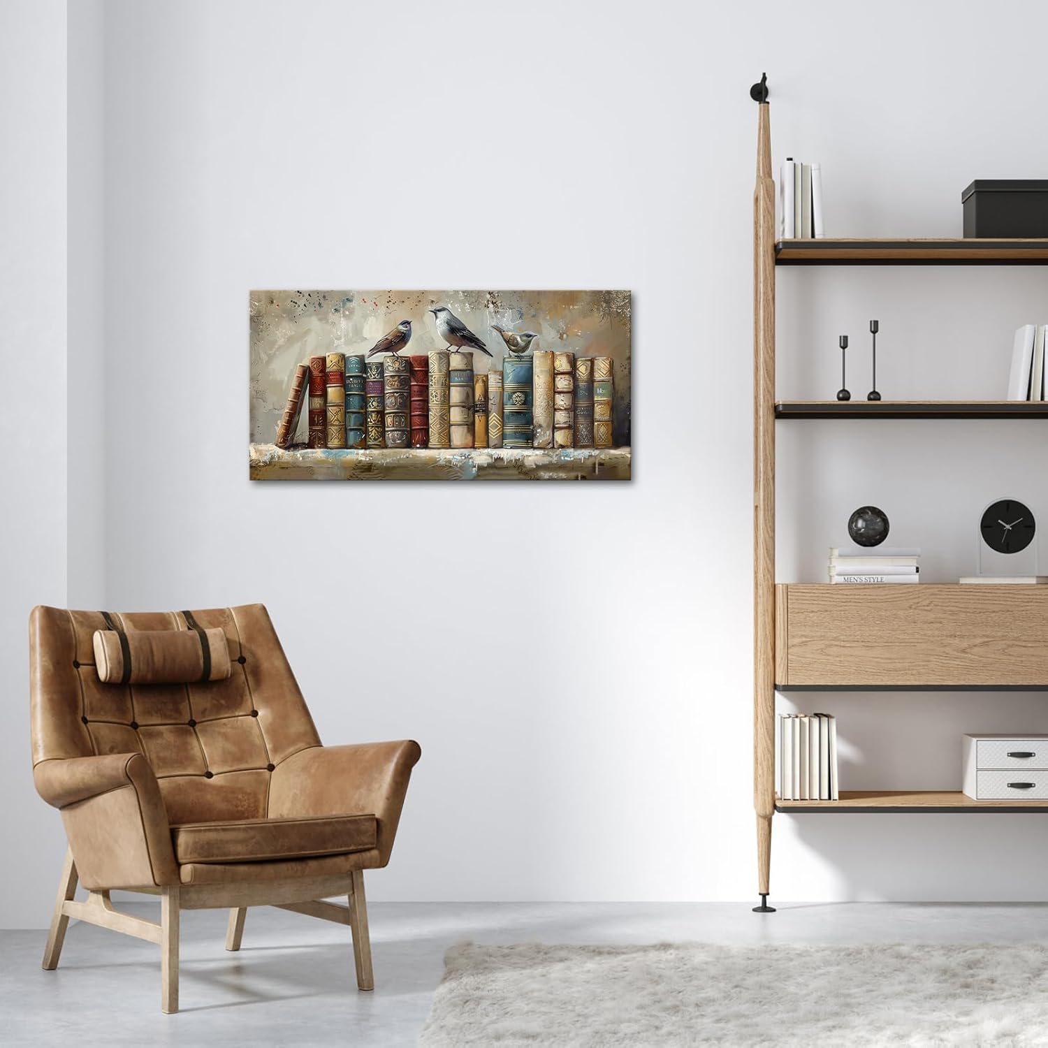 ChaudArt Vintage Canvas Wall Art Bird Painting Bookshelf Wallpaper Old Fashioned Bookcase Library Art Picture Poster Prints Farmed for Living Room Office Decor