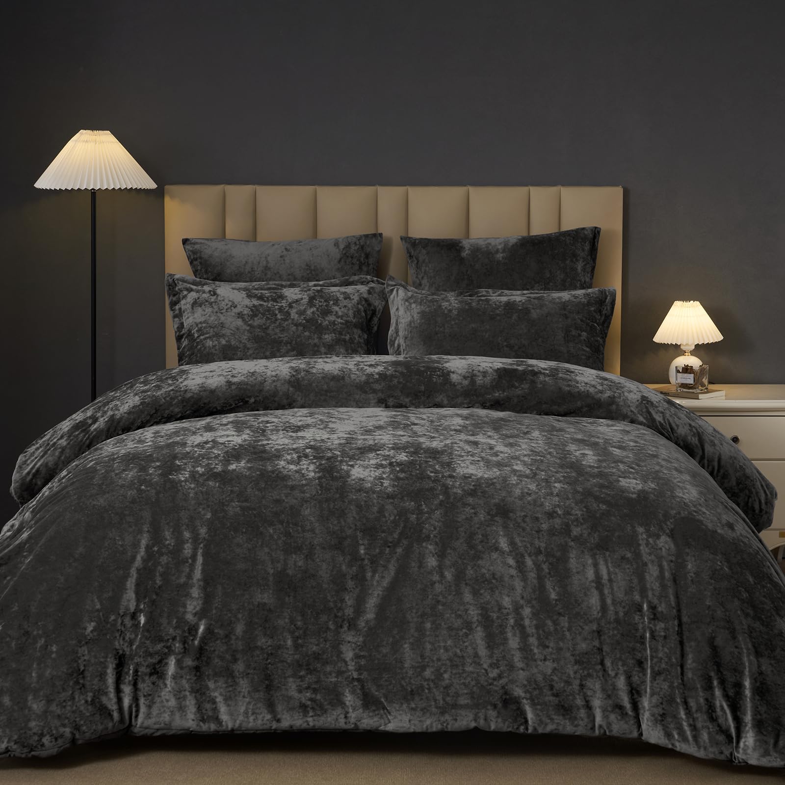 PHF Truly Velvet Comforter Set King Size, 5 Piece Soft Luxury Winter Warm Bedding Sets, Aesthetic Modern Bed in A Bag Including 1 Cozy Comforter, 2 Pillow Shams, 2 Euro Shams for Home Decor, Grey