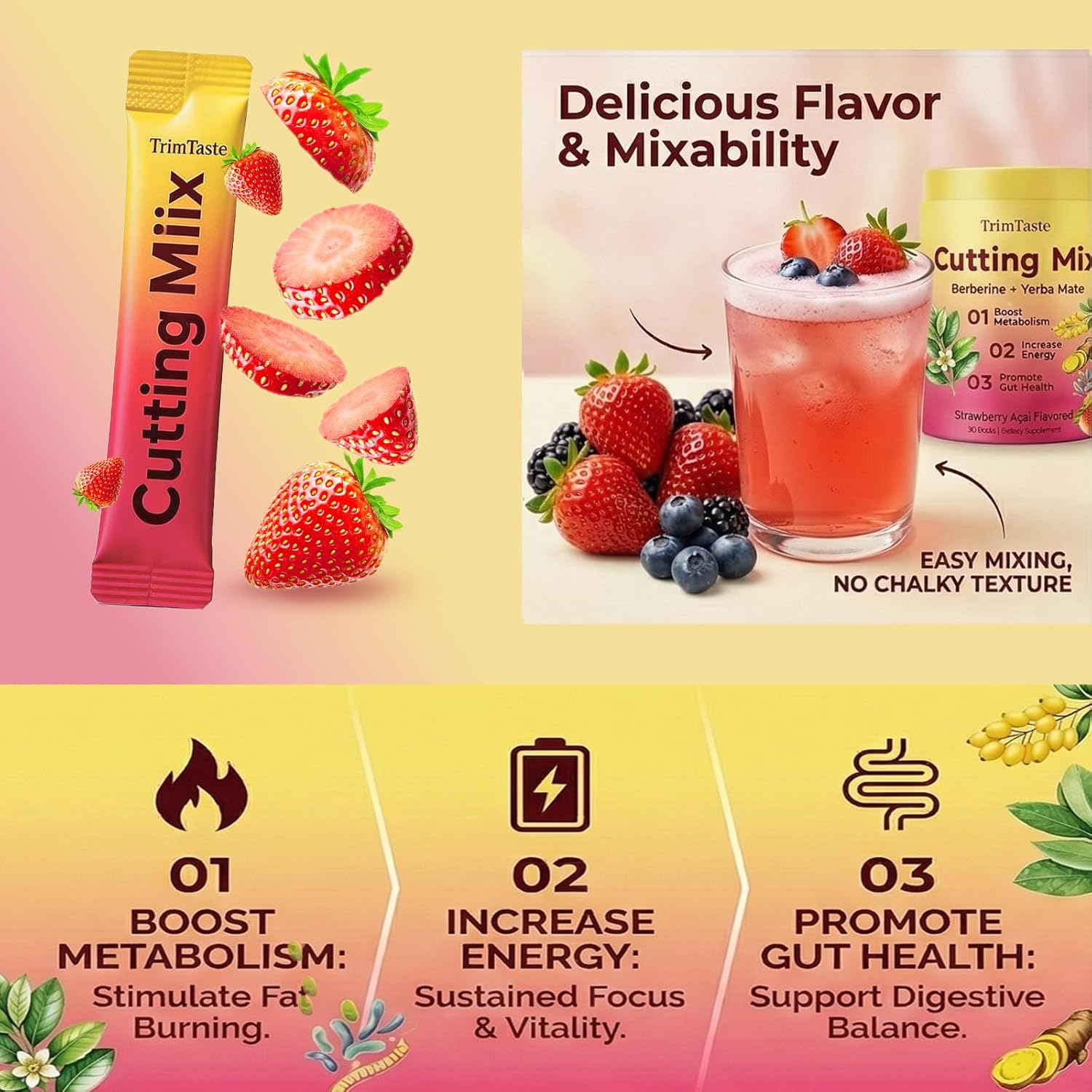 Trim Taste, Trimtaste Cutting Mix, Strawberry Açaí Flavor, 30 Servings