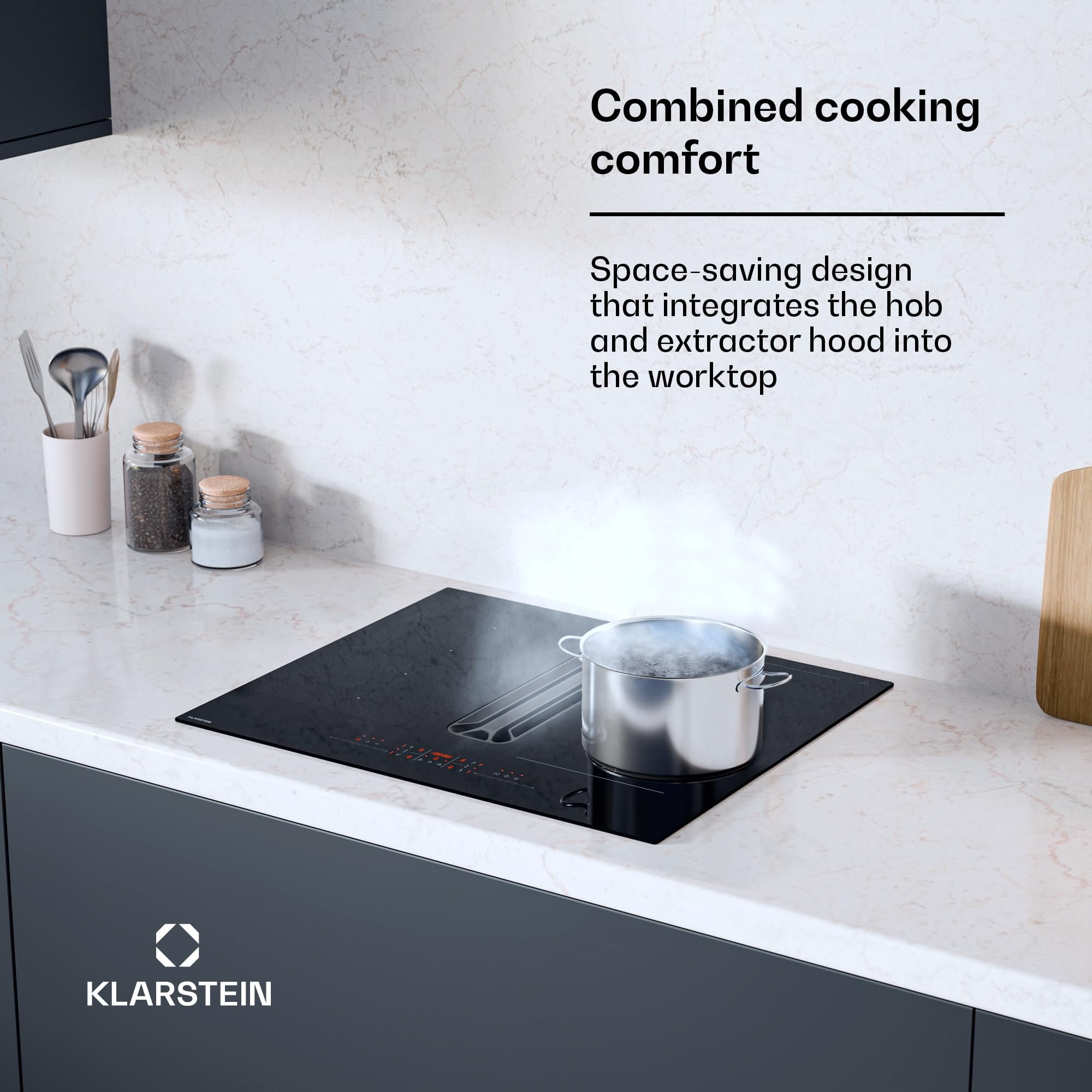 Klarstein AirJet Płyta indukcyjna z okapem - 12 kW, Boost 600 m³/h, Klasa energetyczna A+, 9 stopni, Cicha 52 dB, Panel dotykowy, Bridge-Connect, Filtr aluminiowy, Czarna