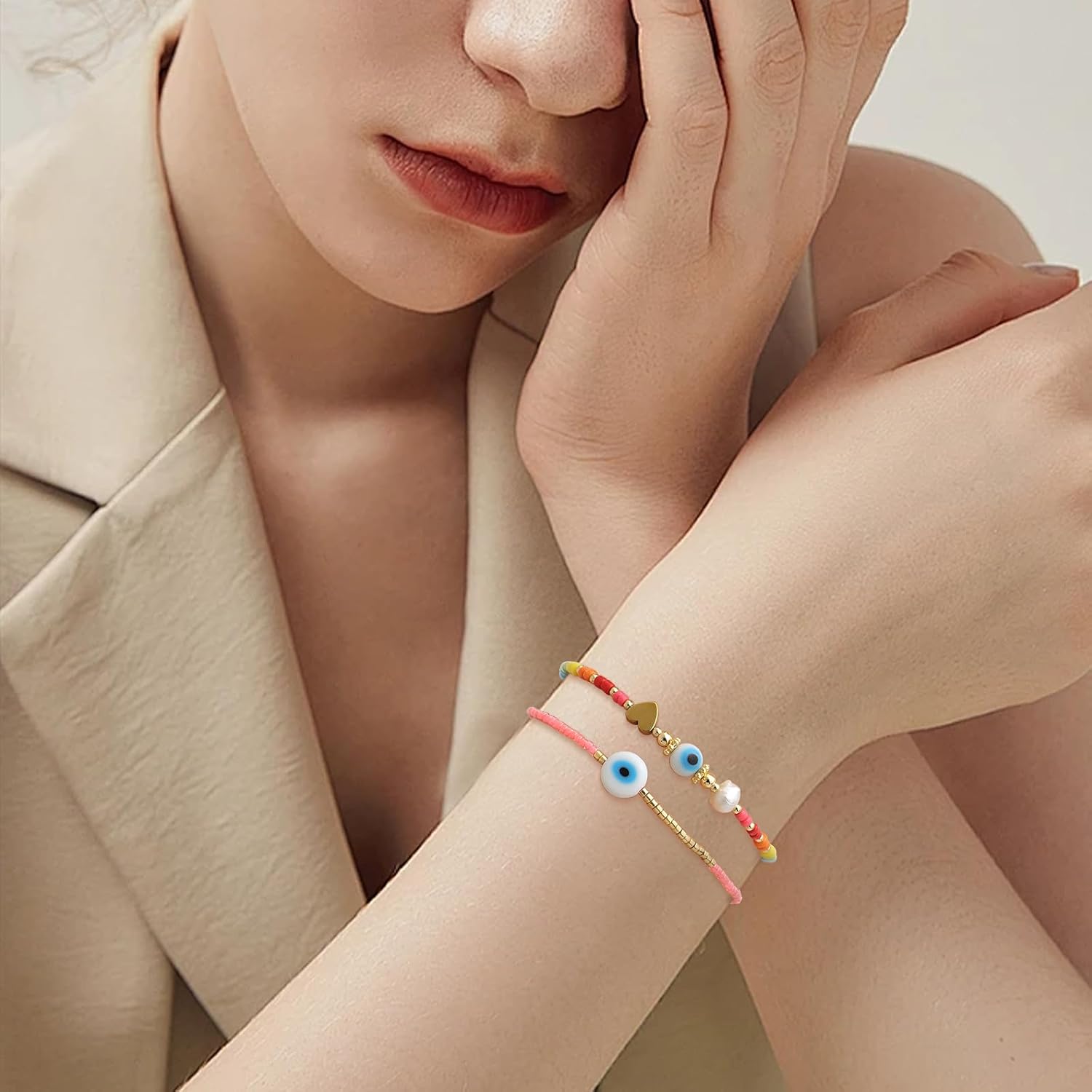Rainbow Beads Pearl Bracelets for Women, Cute Dainty Evil Eye Boho Handmade Adjustable Colorful Beaded Stackable Strand Bracelet Prom Jewelry Gift. - Image 2