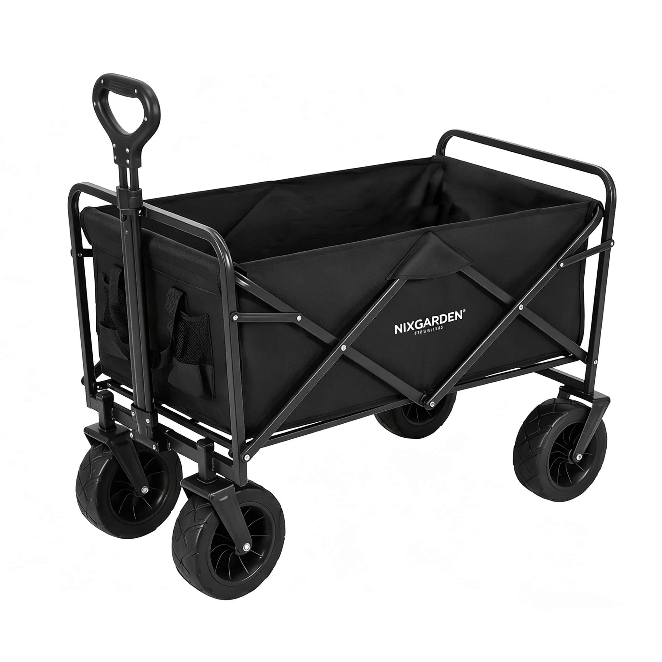 Carrito de Transporte Plegable con Ruedas Todo Terreno – Mango Telescópico Ergonómico, Ruedas Giratorias 360°, Bolsillos Laterales y Tela Extraíble para Playa, Jardín y Compra (150 KG)