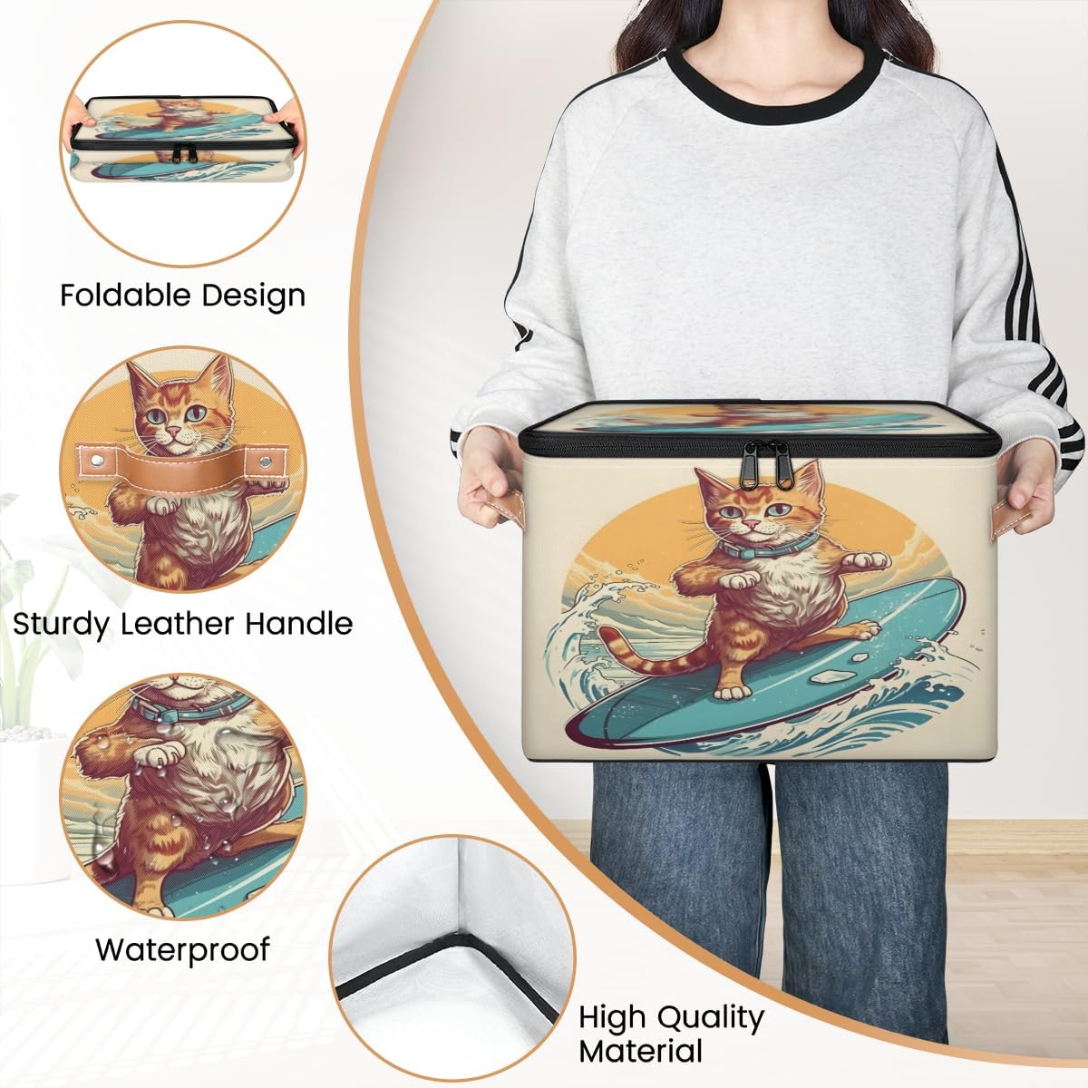 Storage Bin Set of 2 Water Ski Cat Storage Basket with Zipper Lid & Handle Foldable Closet Shelf 2 Pack Cloth Organizer Basket Cube Bins Clothes Organizer for Bedroom, Nursery