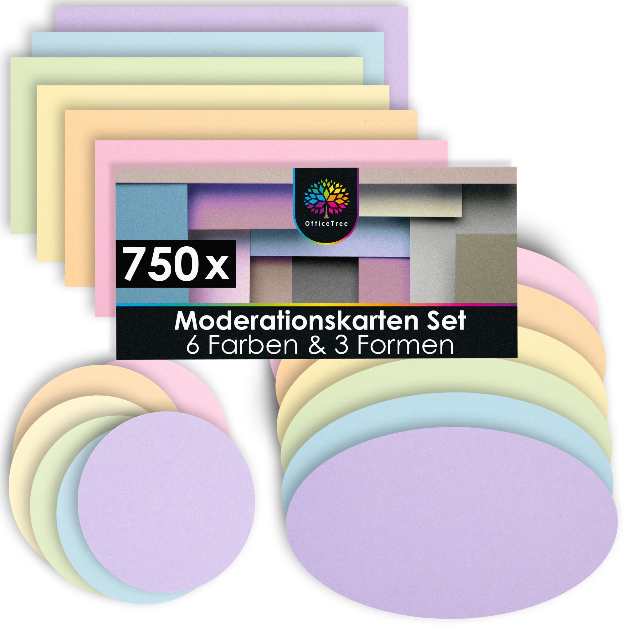 OfficeTree 750x Moderationskarten Set - Pastell Farben - Rund Oval & Rechteckig - Metaplankarten - Präsentationskarten - Moderationsset als Seminar Zubehör für Moderationskoffer und Präsentation