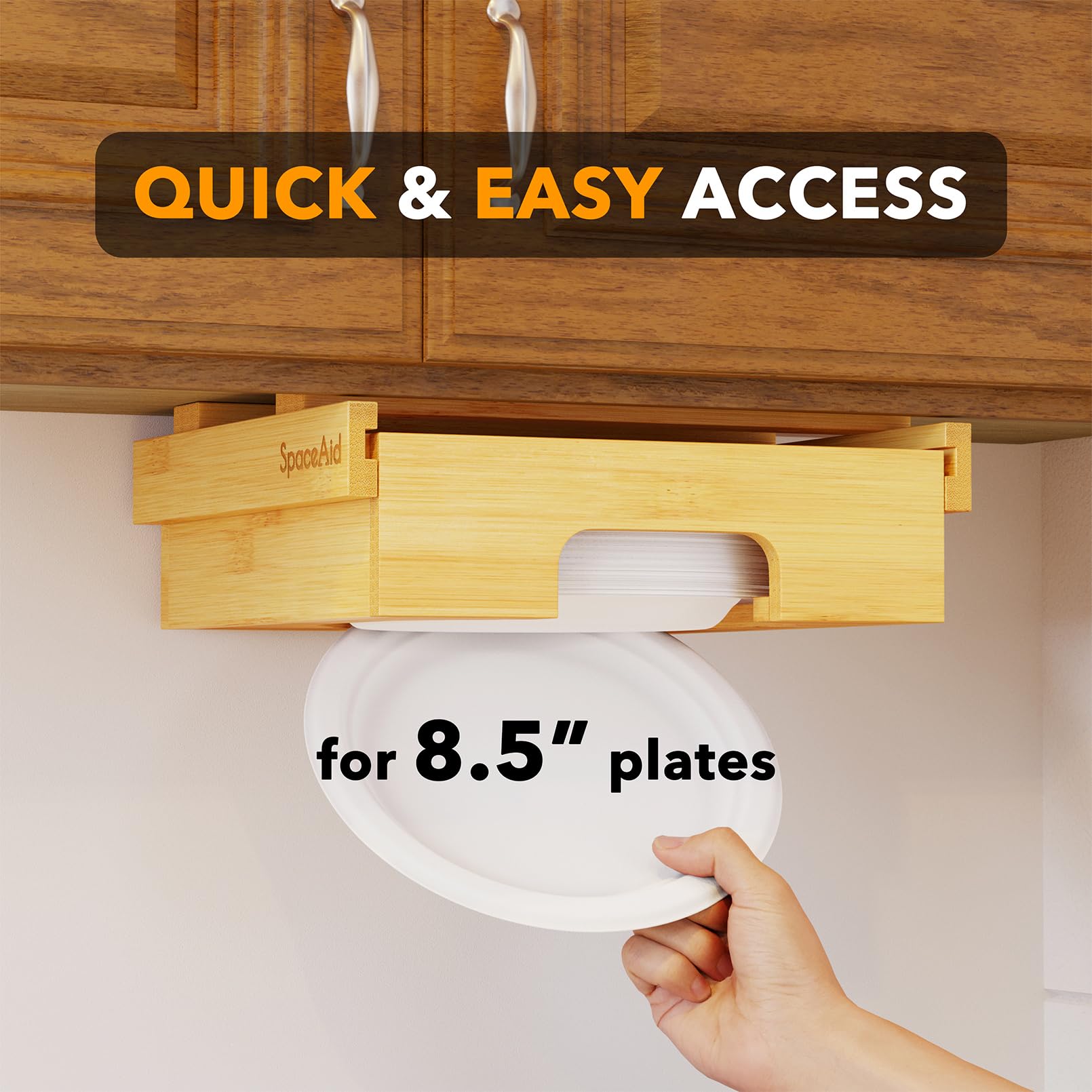 SpaceAid Dispensador de platos de papel de 8.5 pulgadas, soporte de platos de bambú debajo del gabinete, soporte vertical para platos de cocina para encimera de encimera (para platos de 8.5 pulgadas,