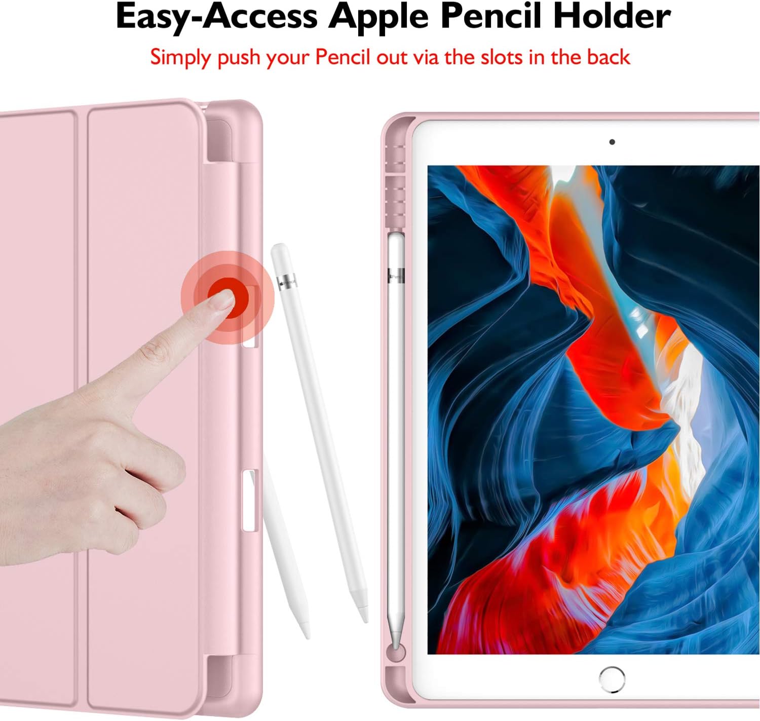 iMieet iPad 9th Generation Case 2021/iPad 8th Generation Case 2020 10.2 Inch with Pencil Holder, iPad 7th Gen 2019 Case with Soft Baby Skin Silicone Back, Auto Wake/Sleep Cover (Pink)