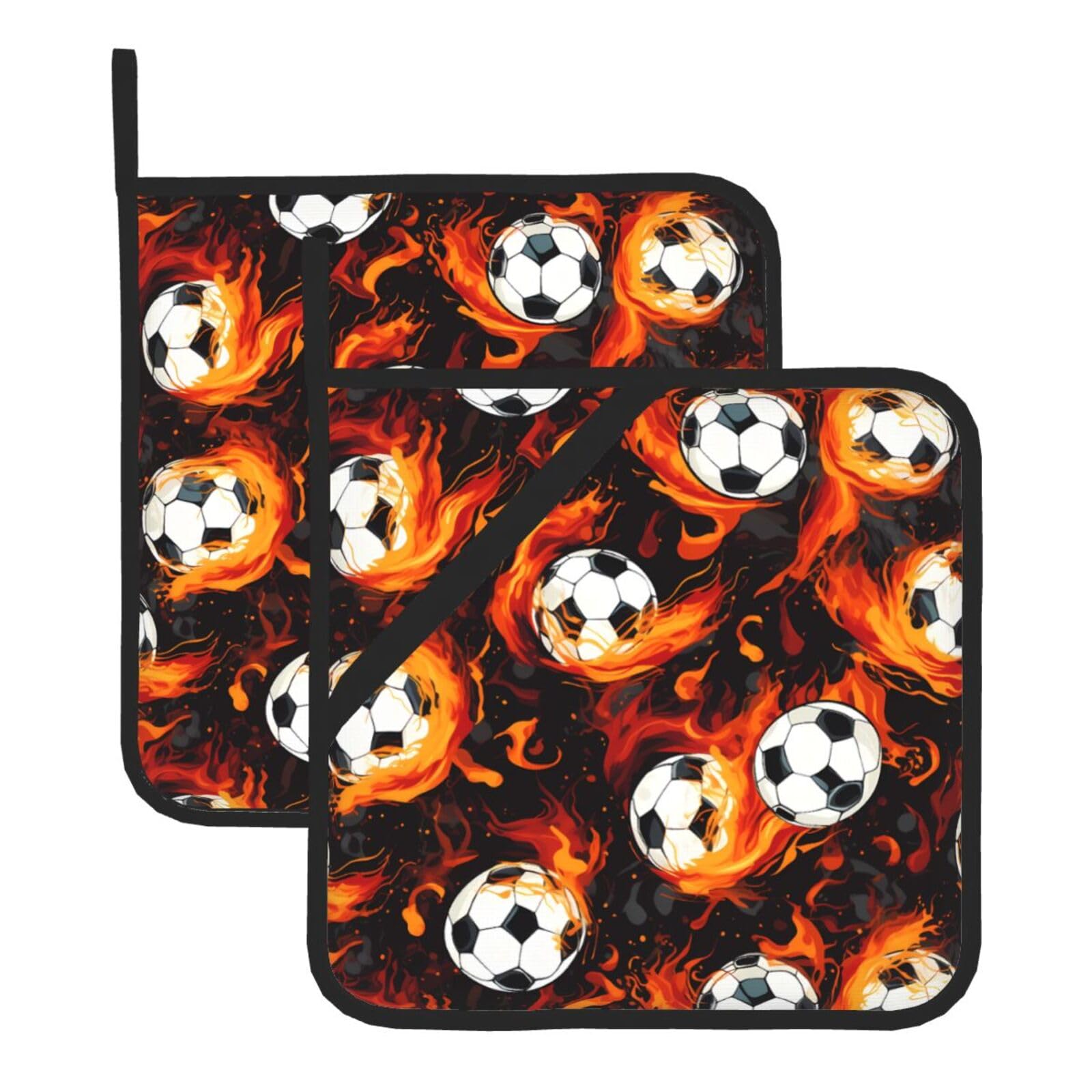 HJFCZH Soccer Flame Printed Square Insulated Pot Mat Set (2-Piece) 8x8in Waterproof, Thickened & Easy to Clean with Lanyard Design for Kitchen, Oven & BBQ