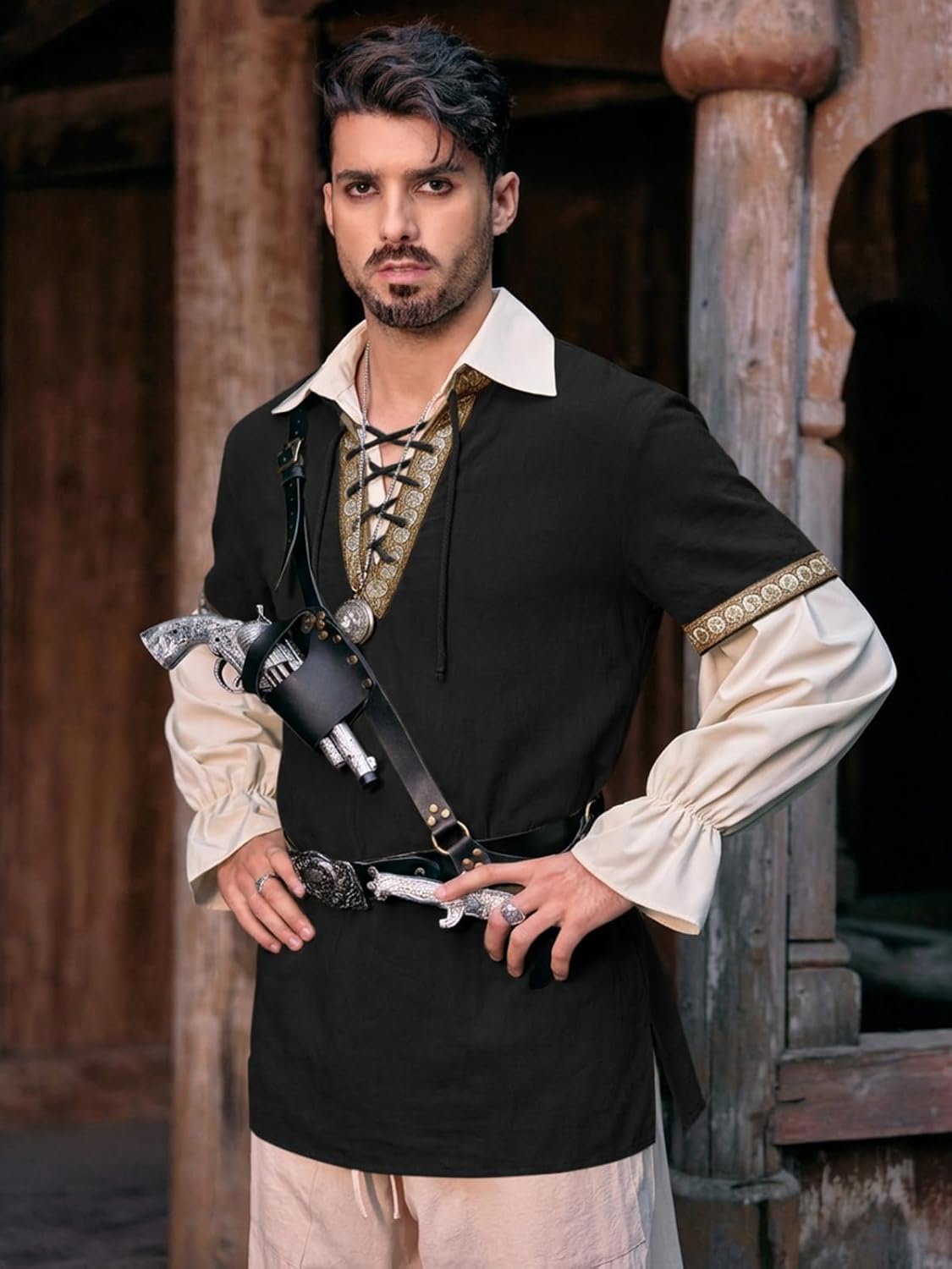 Runcati Mens Medieval Pirate Shirt Cotton Lace Up Renaissance Shirts Viking Retro Scottish Halloween Costume Tops - Image 2